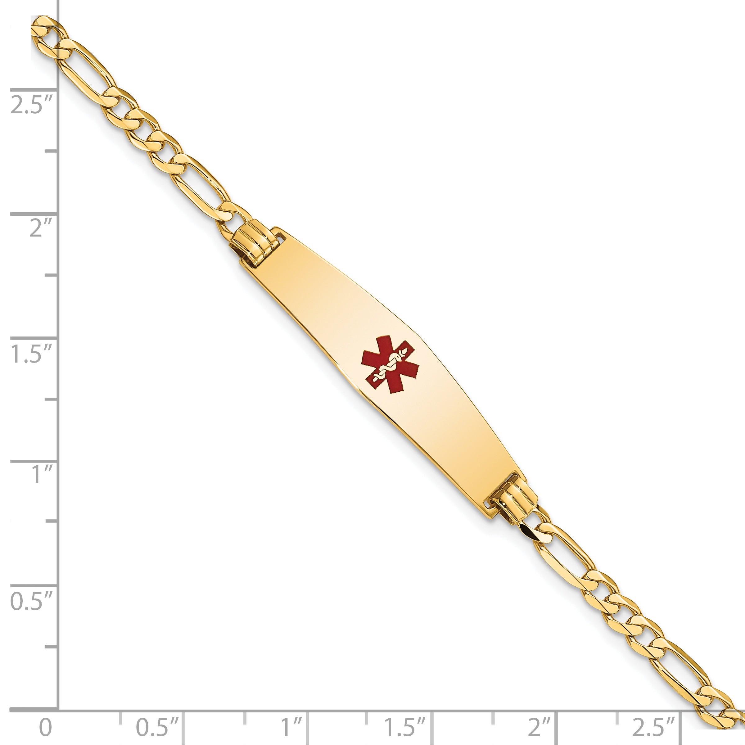 14K Medical Soft Diamond Shape Red Enamel Flat Figaro Link ID Bracelet