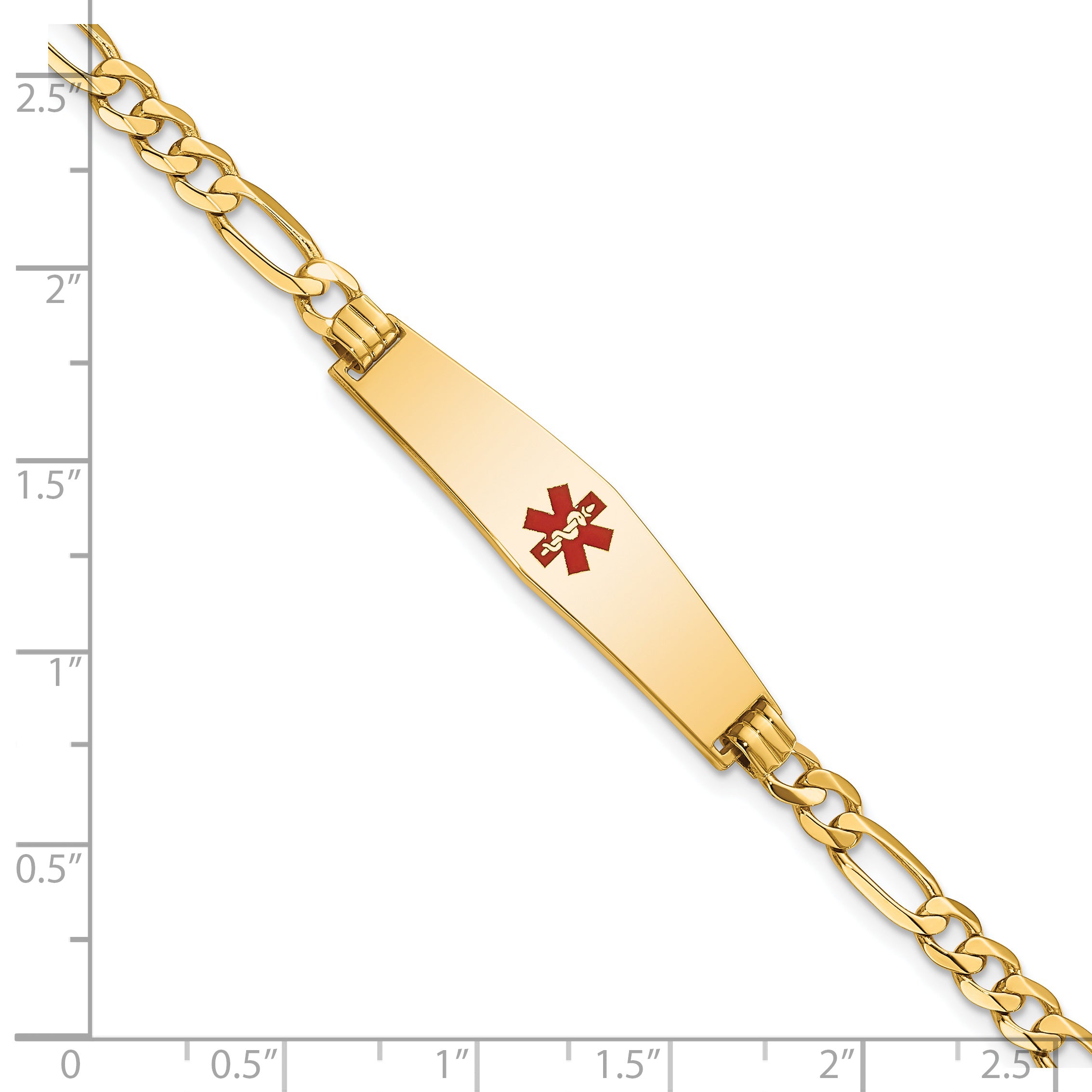 14K Medical Soft Diamond Shape Red Enamel Flat Figaro Link ID Bracelet