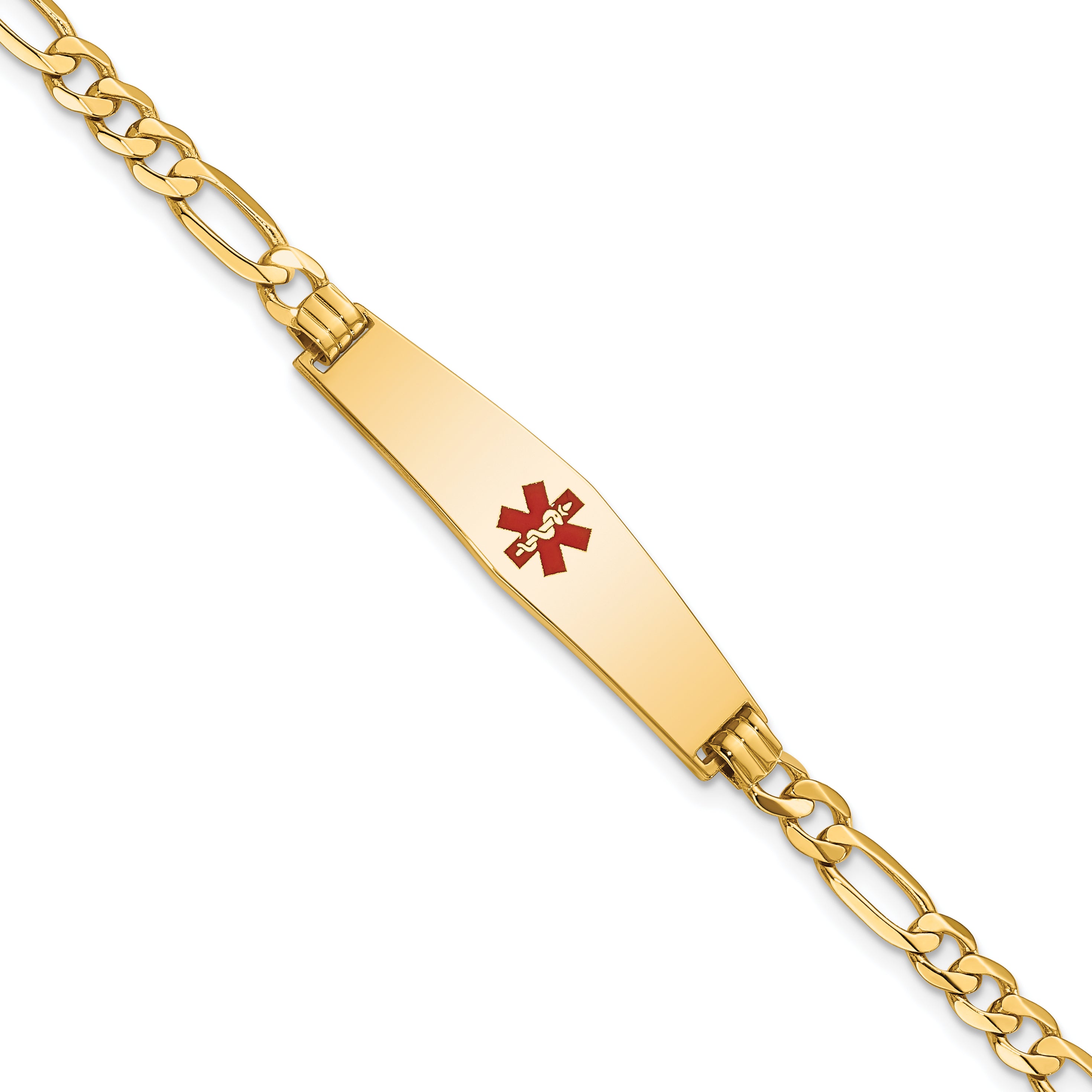 14K Medical Soft Diamond Shape Red Enamel Flat Figaro Link ID Bracelet