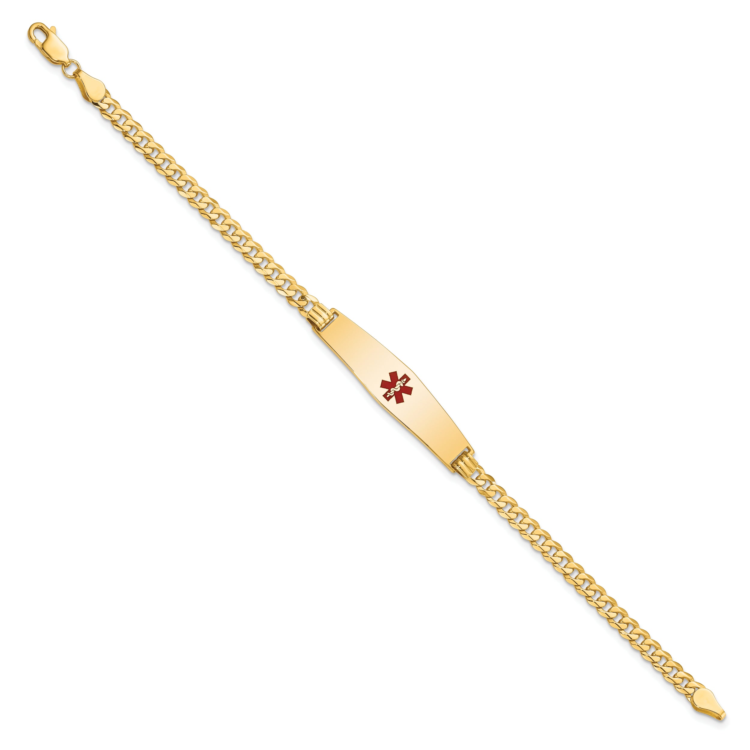 14K Medical Soft Diamond Shape Red Enamel Flat Curb Link ID Bracelet