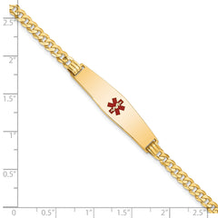 14K Medical Soft Diamond Shape Red Enamel Flat Curb Link ID Bracelet