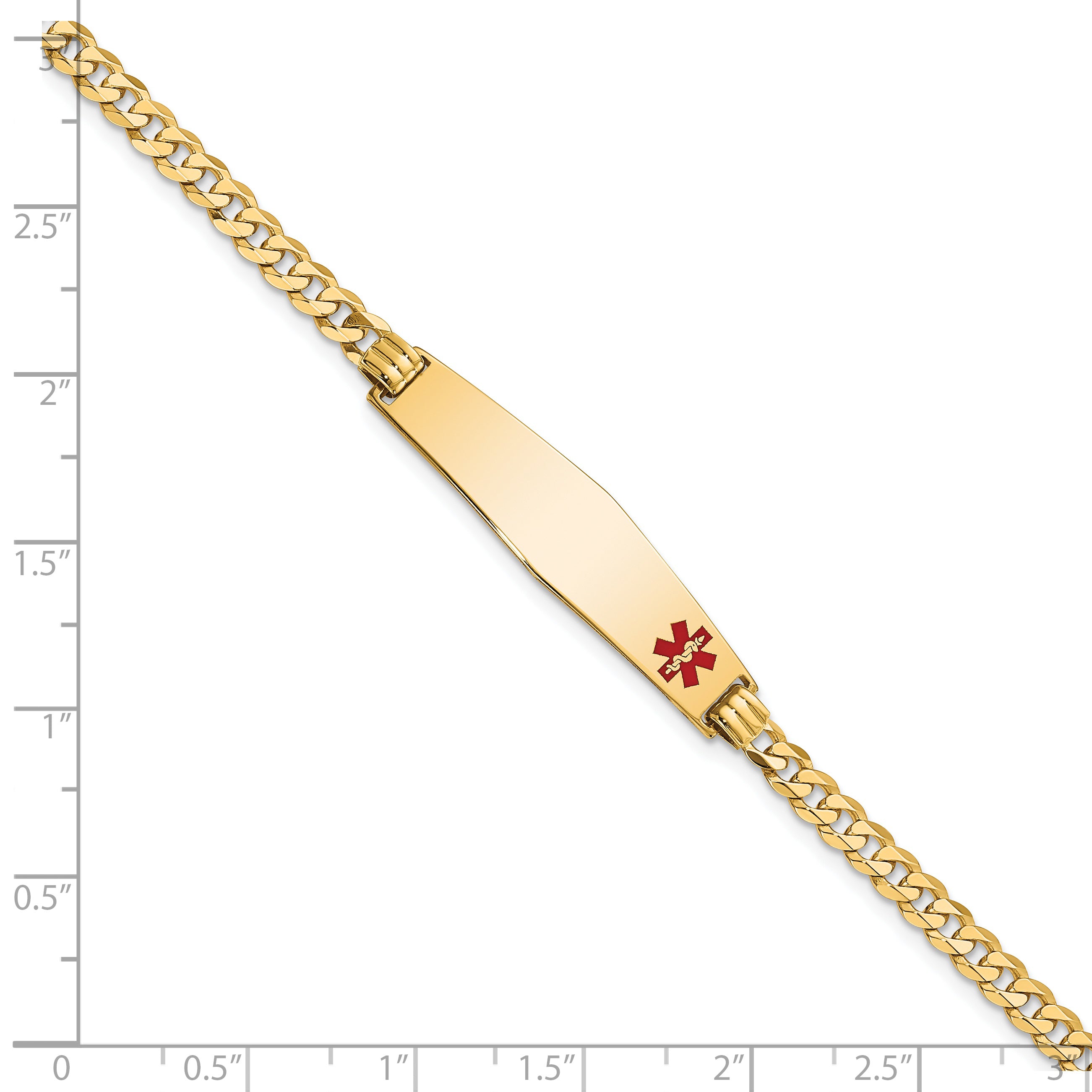 14K Medical Soft Diamond Shape Red Enamel Flat Curb Link ID Bracelet