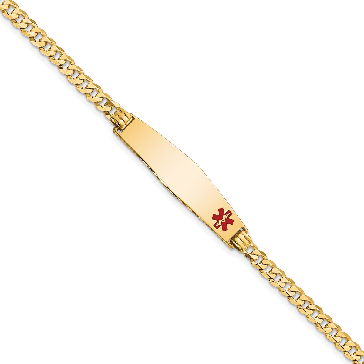 14K Medical Soft Diamond Shape Red Enamel Flat Curb Link ID Bracelet