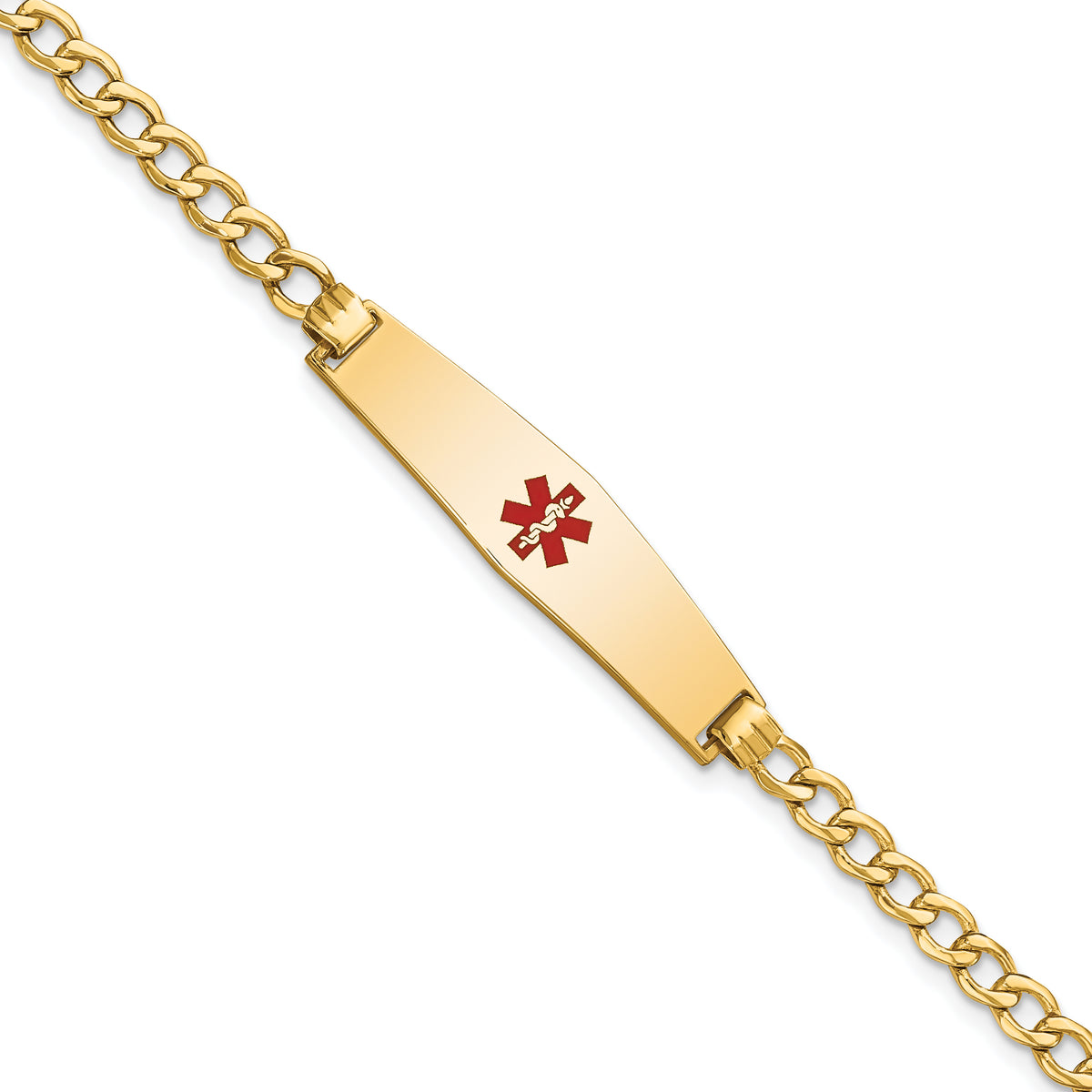 14K Semi-solid Medical Soft Diamond Shape Red Enamel Curb Link ID Bracelet