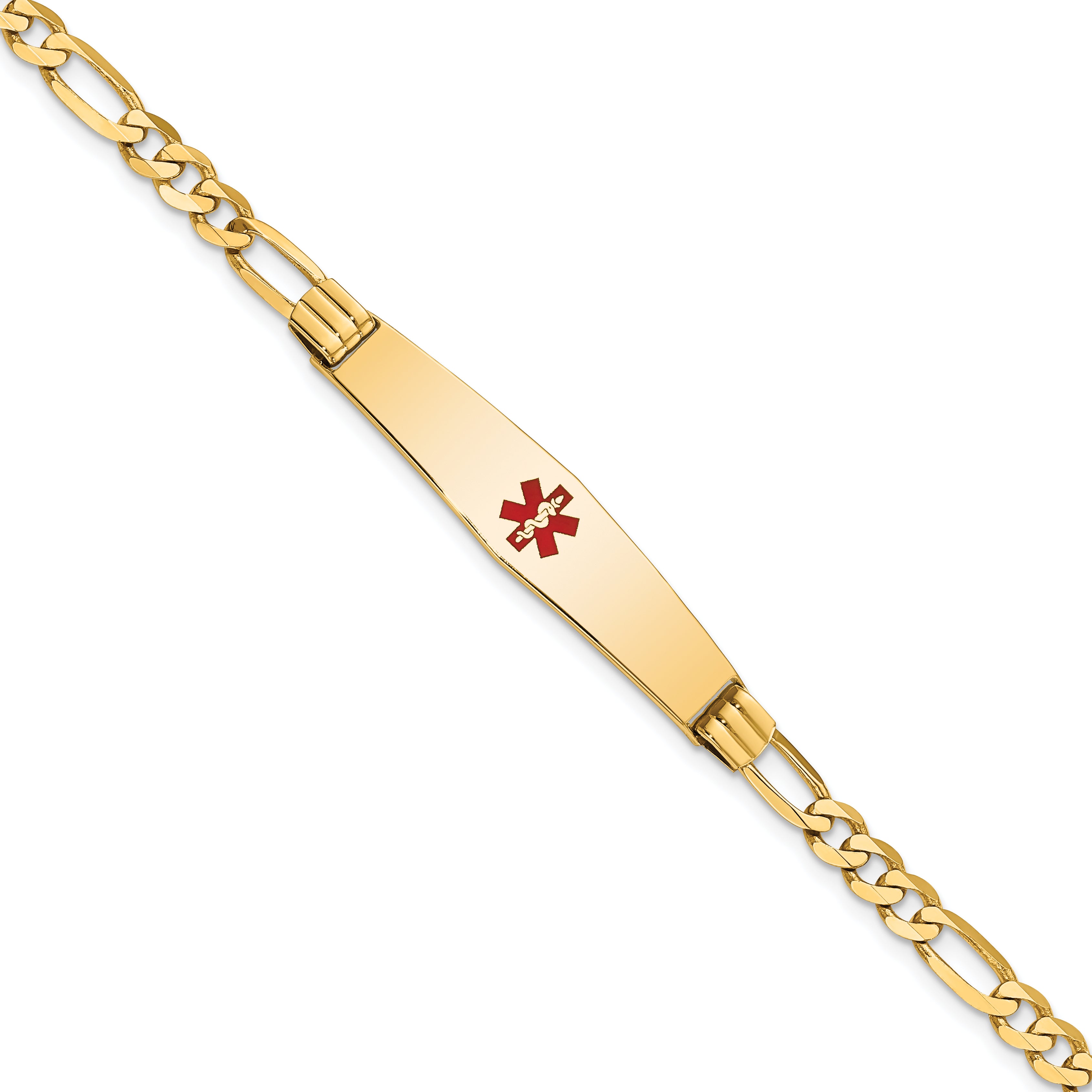 14K Medical Soft Diamond Shape Red Enamel Figaro ID Bracelet