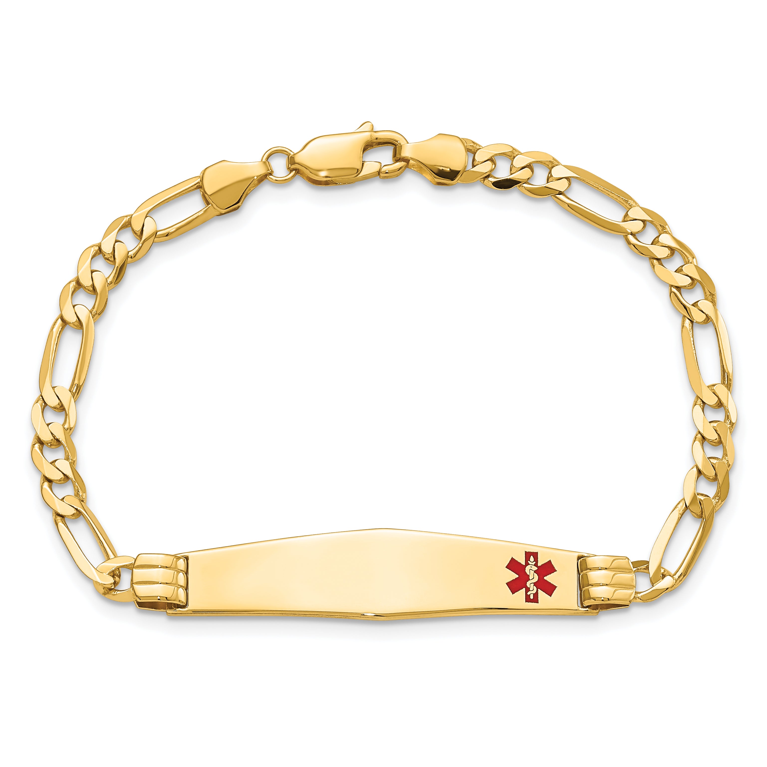 14K Medical Soft Diamond Shape Red Enamel Figaro ID Bracelet