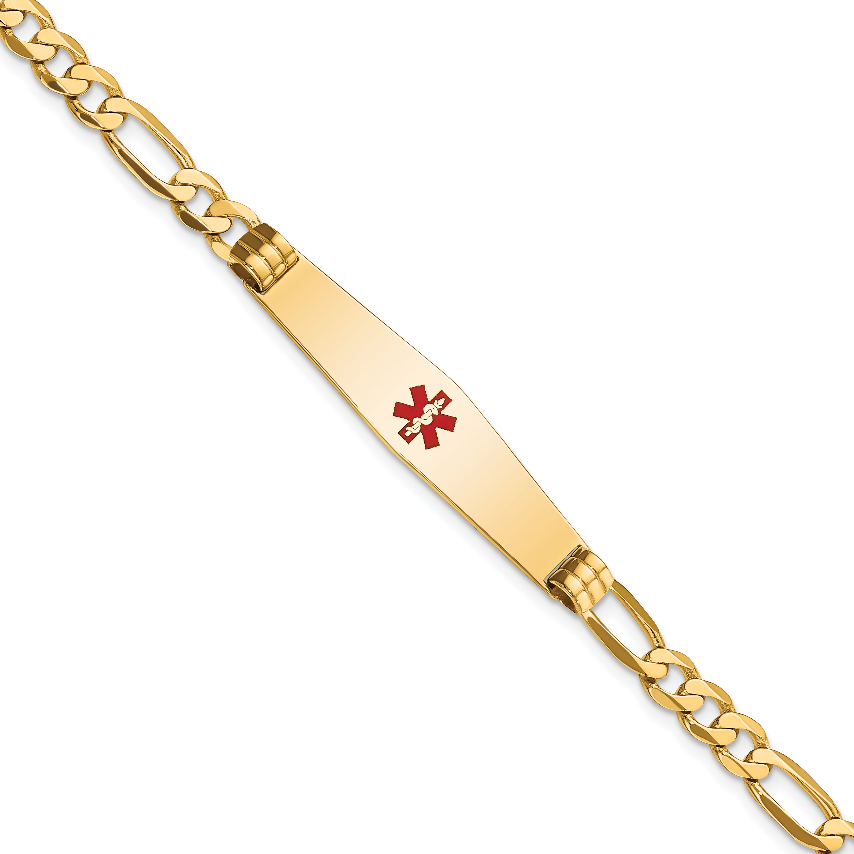 14K Medical Soft Diamond Shape Red Enamel Flat Figaro Link ID Bracelet