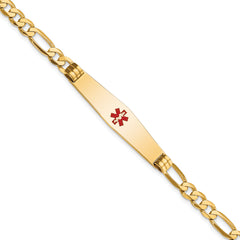 14K Medical Soft Diamond Shape Red Enamel Flat Figaro Link ID Bracelet