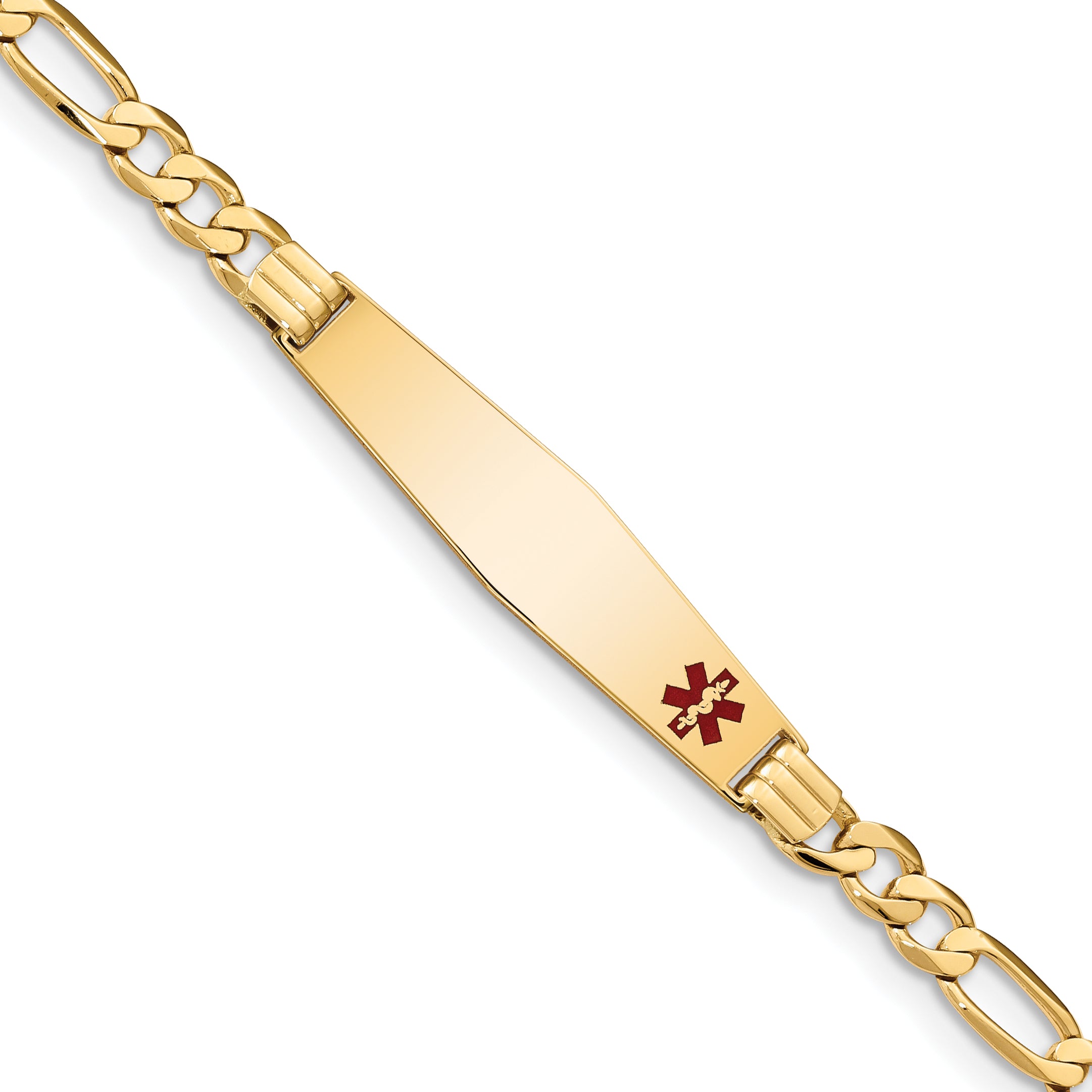 14K Medical Soft Diamond Shape Red Enamel Flat Figaro Link ID Bracelet