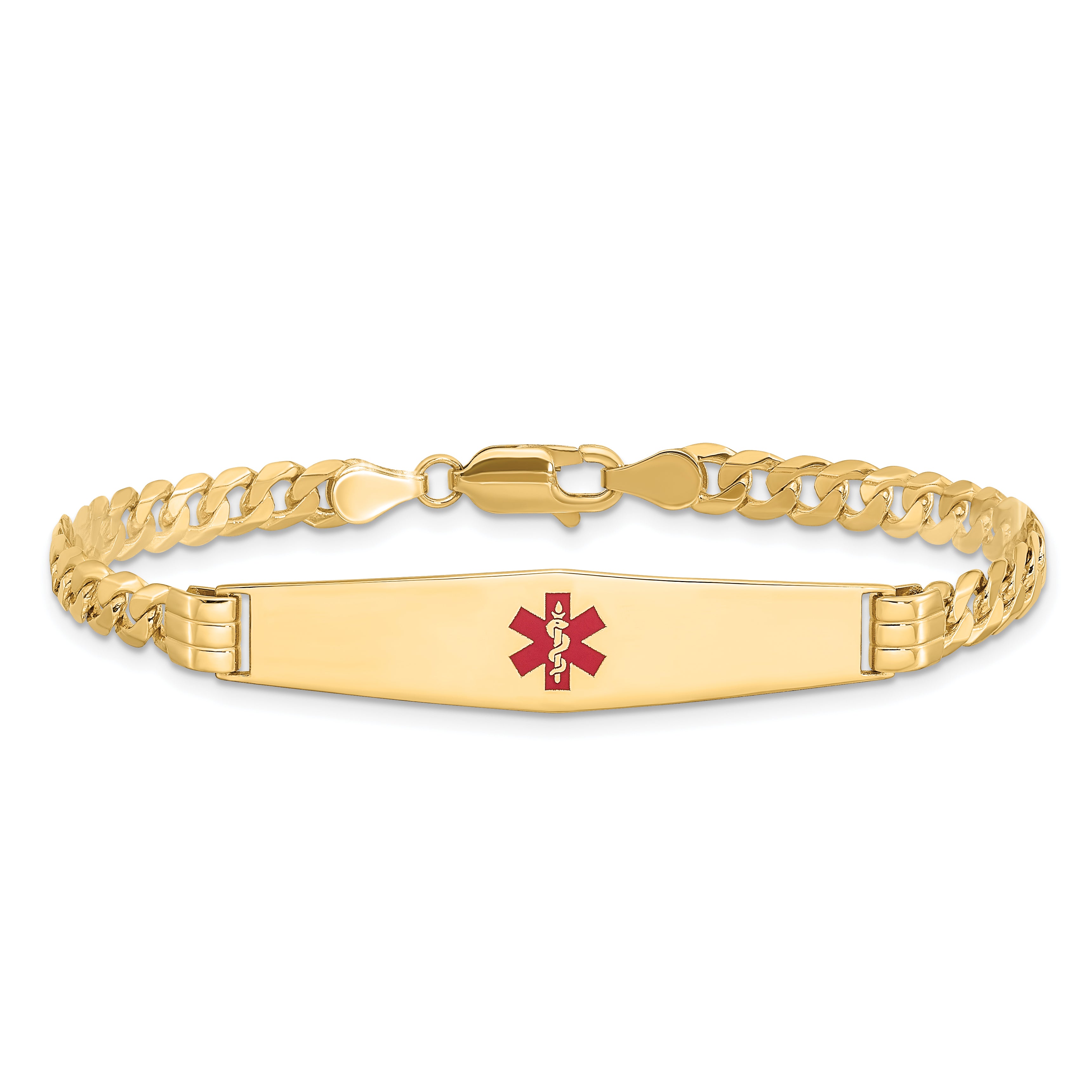 14K Medical Soft Diamond Shape Red Enamel Curb Link ID Bracelet