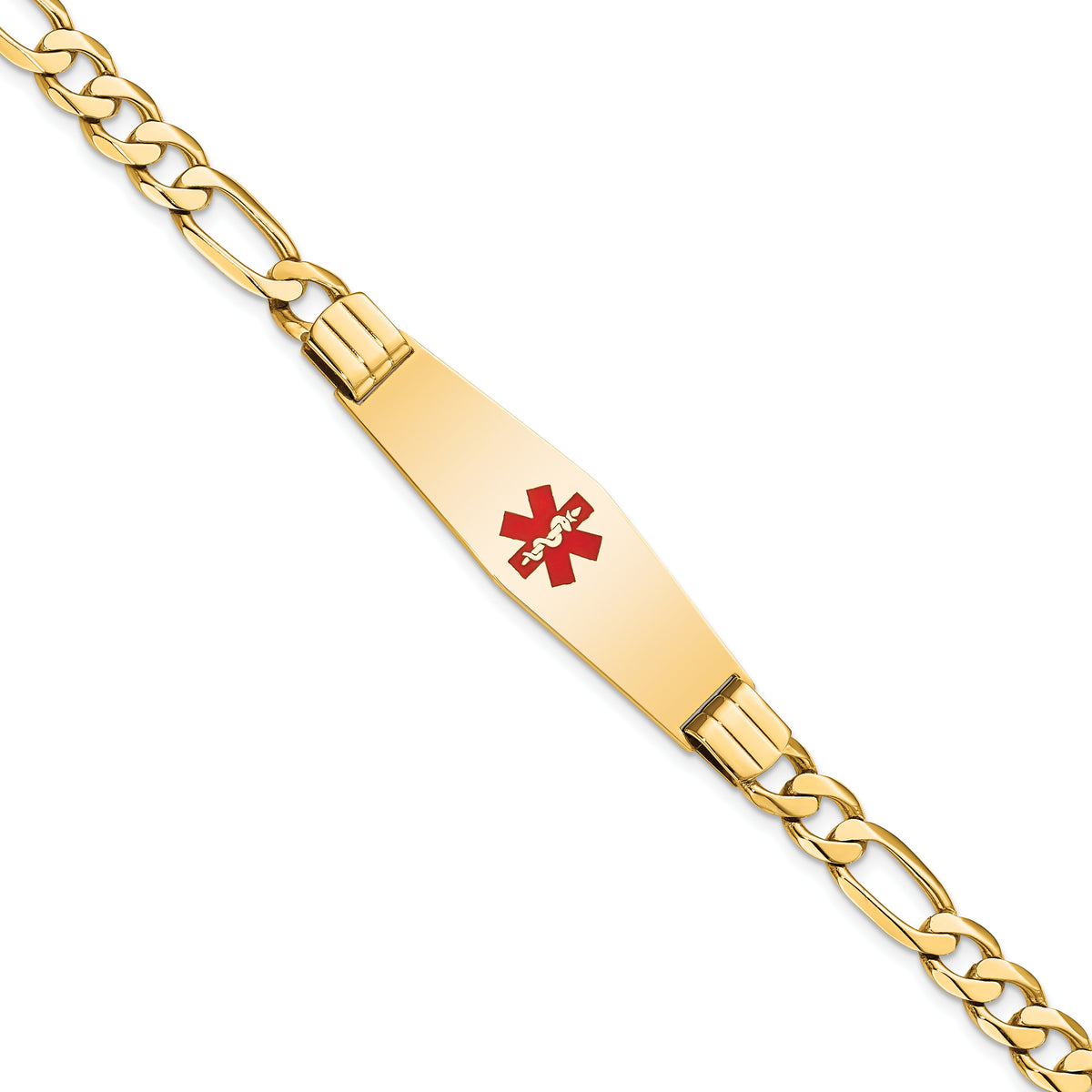 14K Medical Soft Diamond Shape Red Enamel Flat Figaro Link ID Bracelet