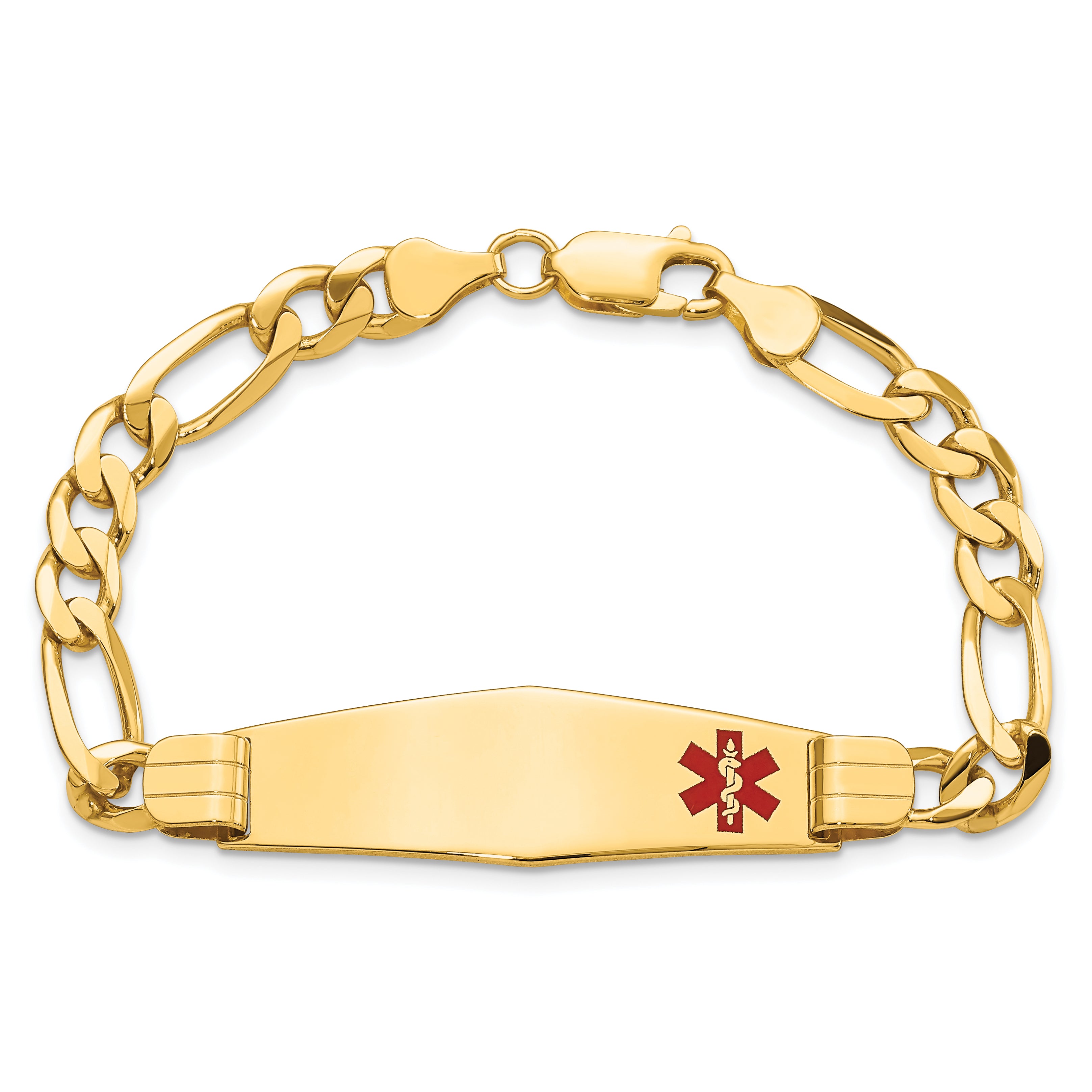 14K Medical Soft Diamond Shape Red Enamel Flat Figaro Link ID Bracelet