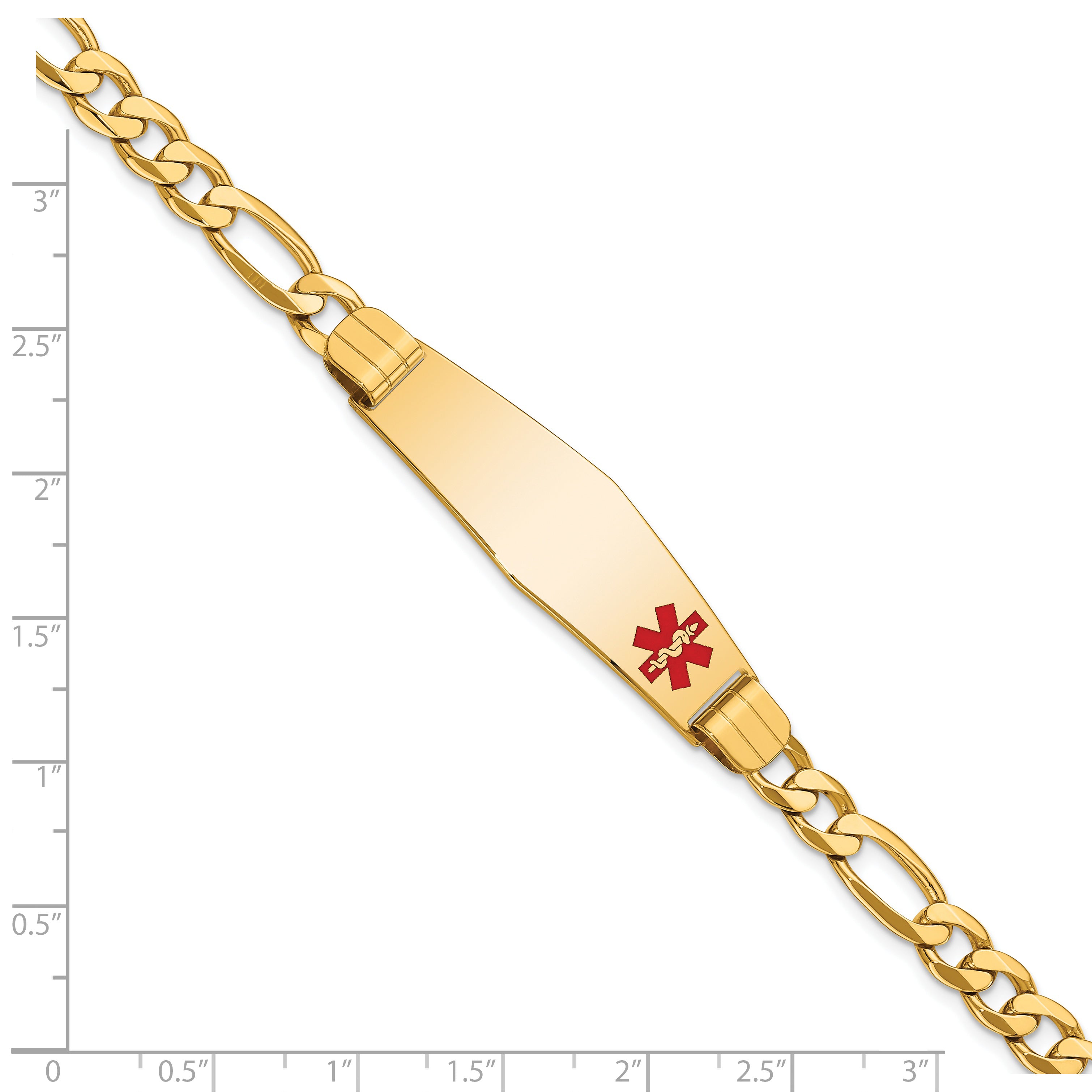 14K Medical Soft Diamond Shape Red Enamel Flat Figaro Link ID Bracelet