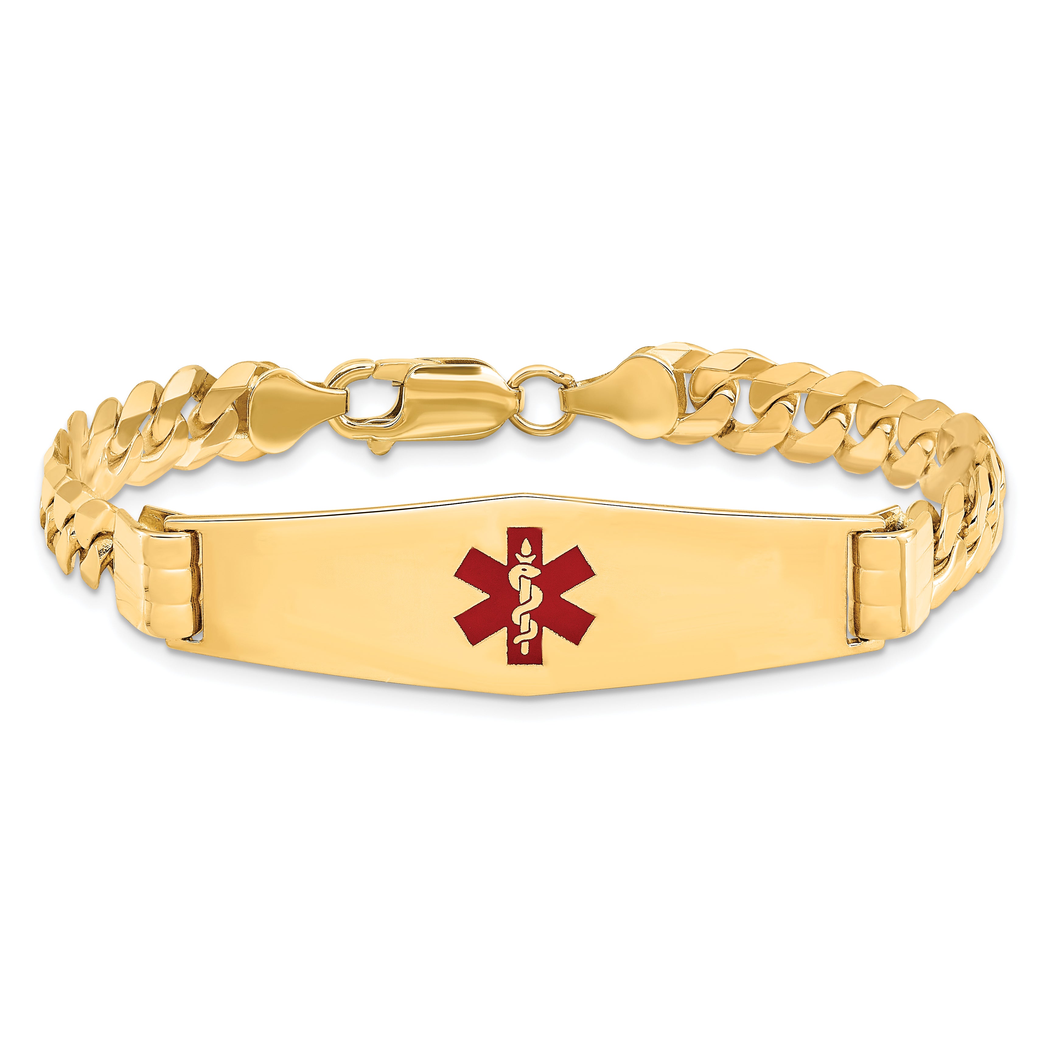 14K Medical Soft Diamond Shape Red Enamel Curb Link ID Bracelet