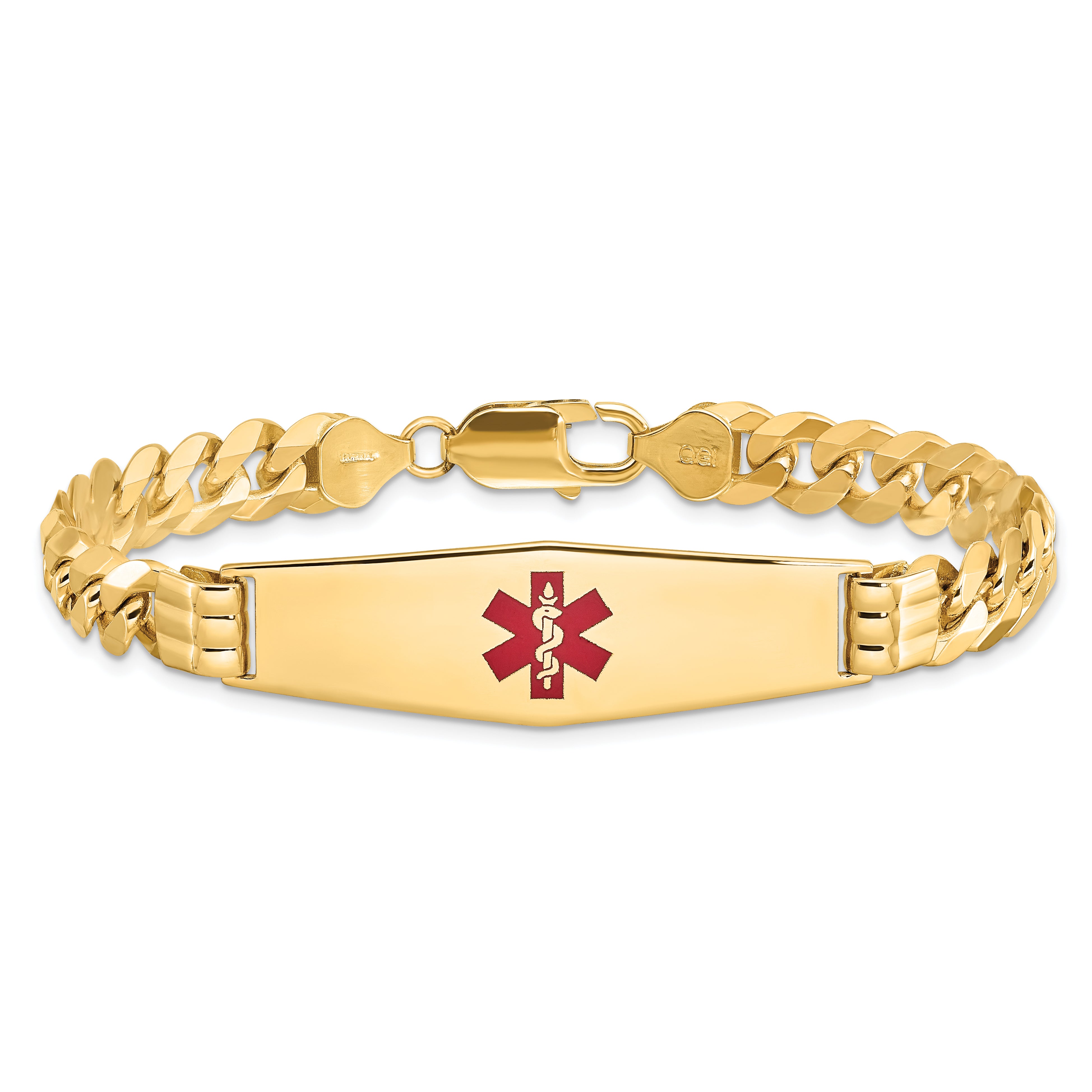 14K Medical Soft Diamond Shape Red Enamel Flat Curb Link ID Bracelet