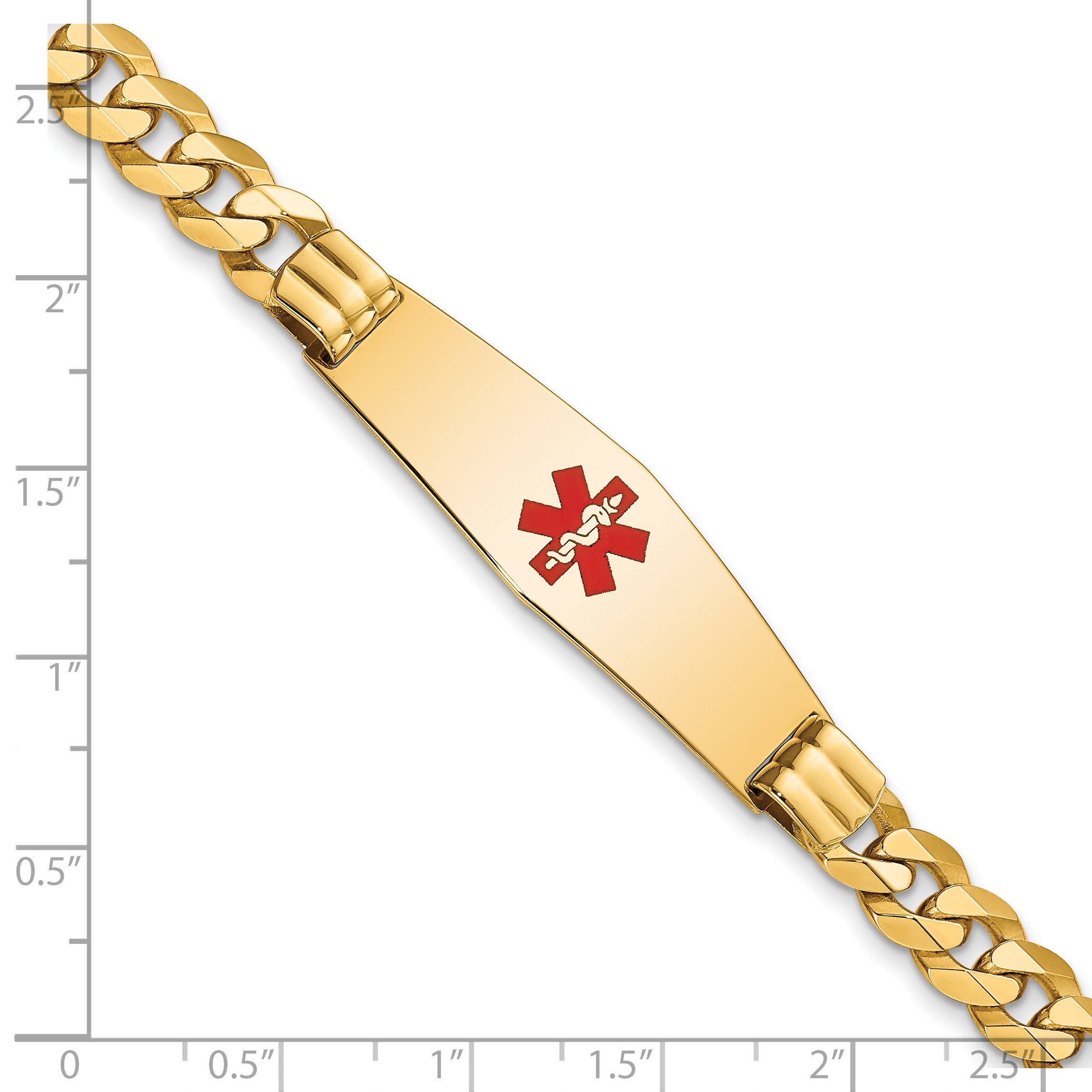 14K Medical Soft Diamond Shape Red Enamel Flat Curb Link ID Bracelet