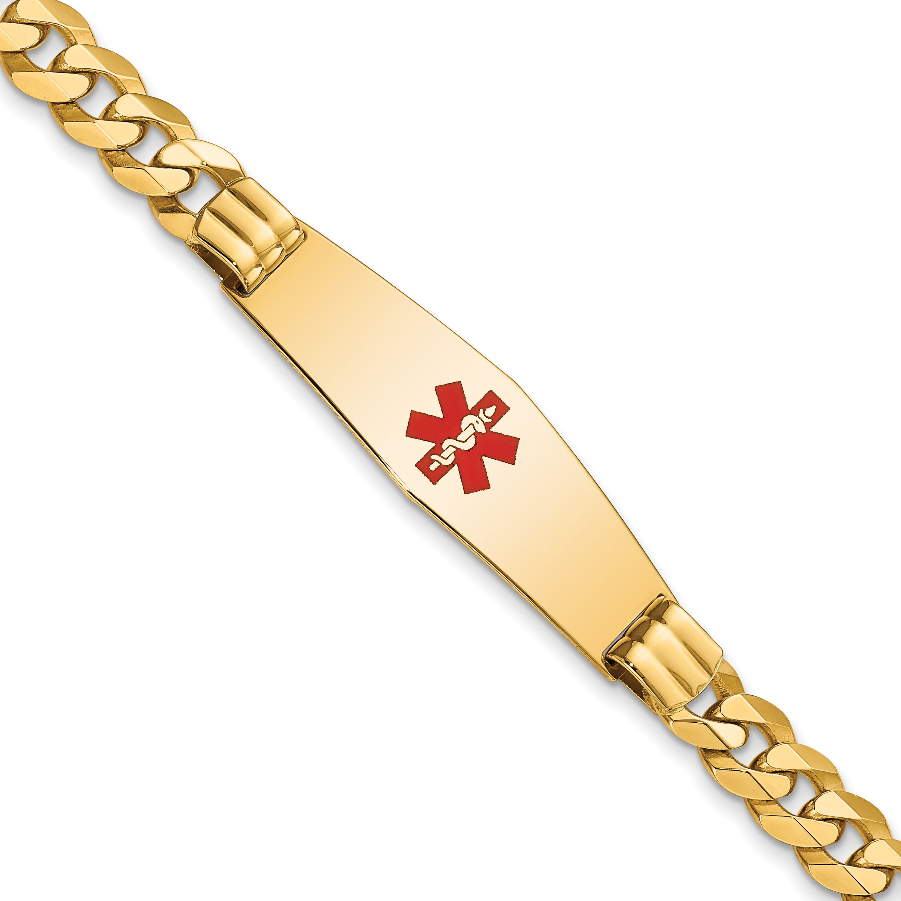 14K Medical Soft Diamond Shape Red Enamel Flat Curb Link ID Bracelet