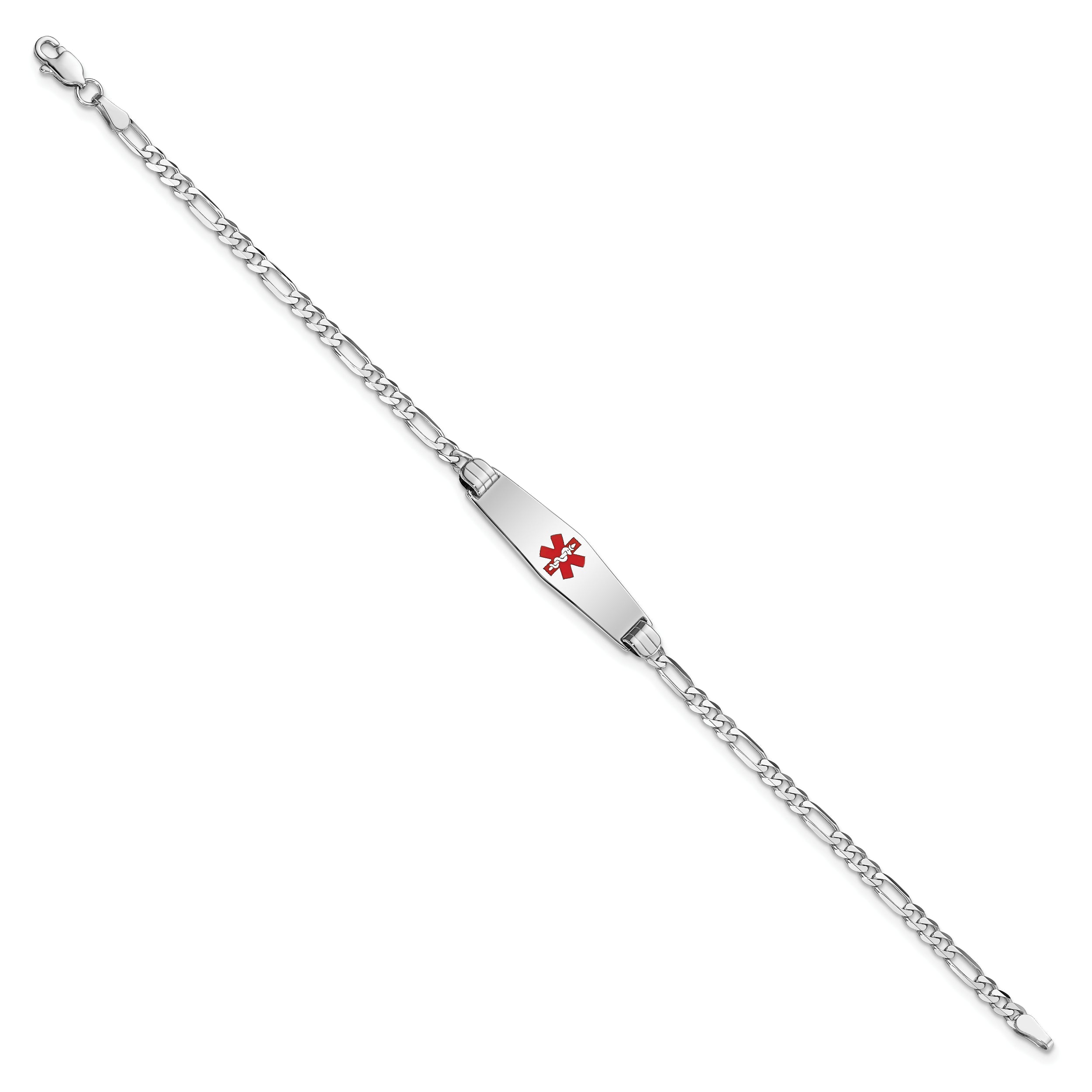 14K WG Medical Soft Diamond Shape Red Enamel Figaro Link ID Bracelet