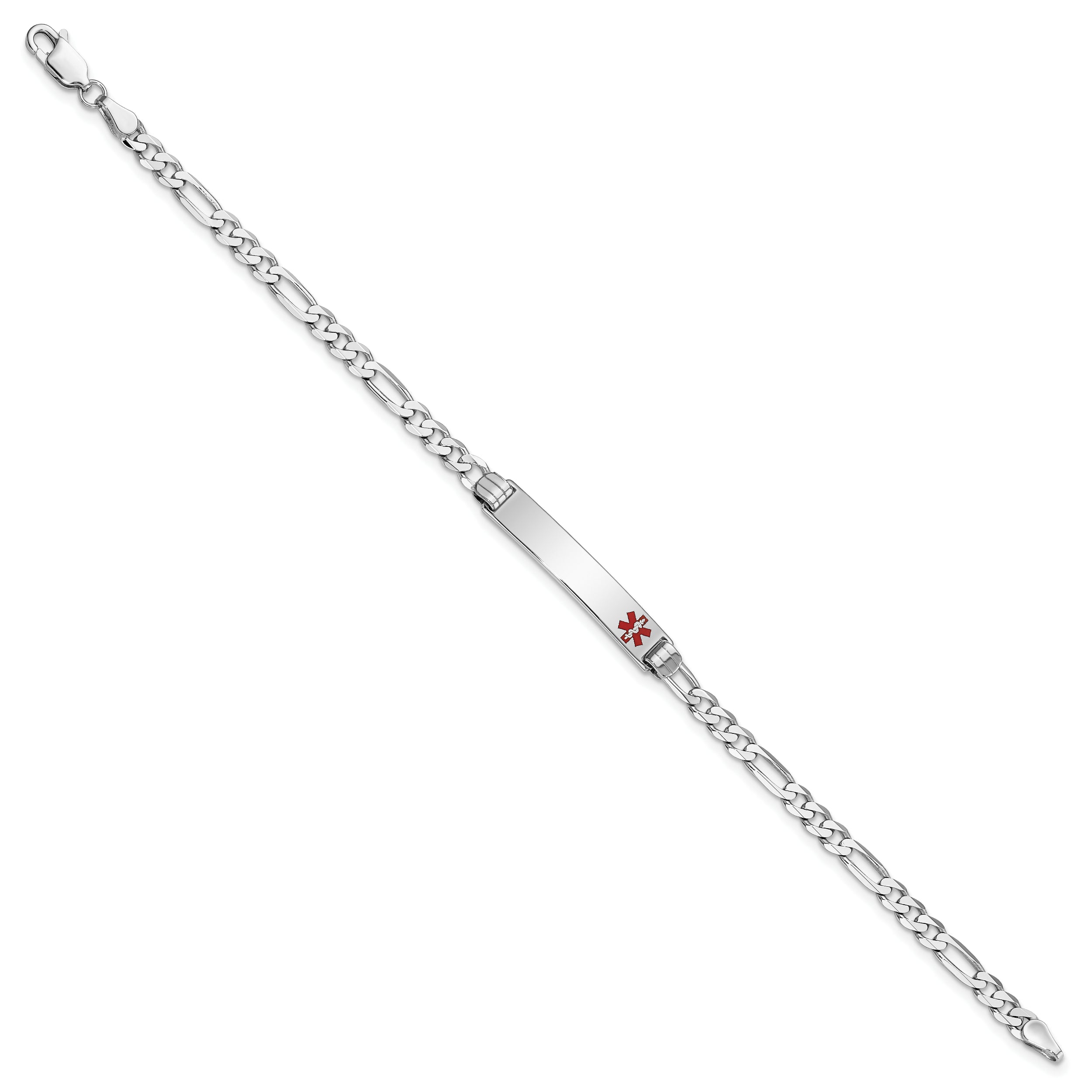 14K White Gold Medical Red Enamel Figaro Link ID Bracelet