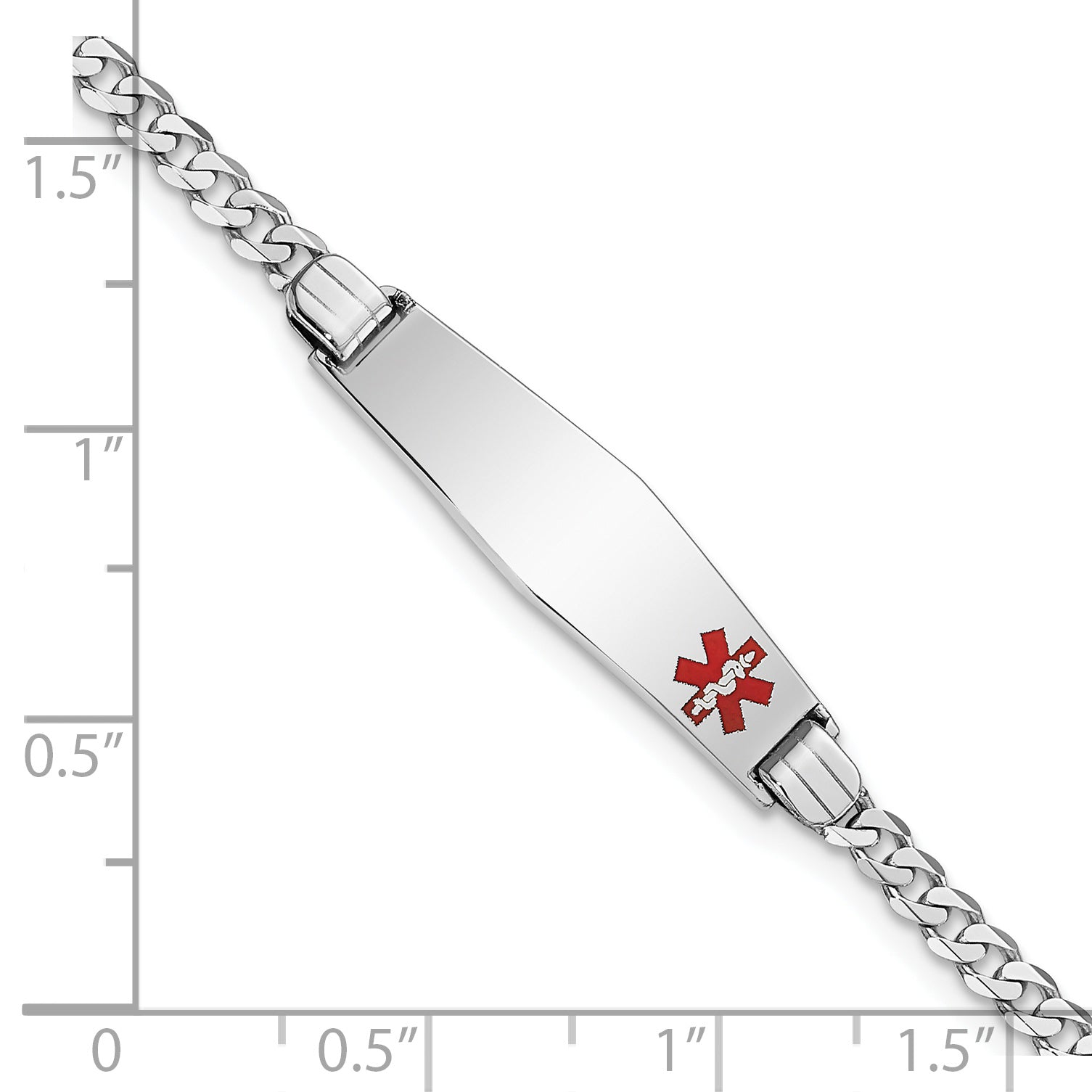 14K WG Medical Soft Diamond Shape Red Enamel Flat Curb Link ID Bracelet