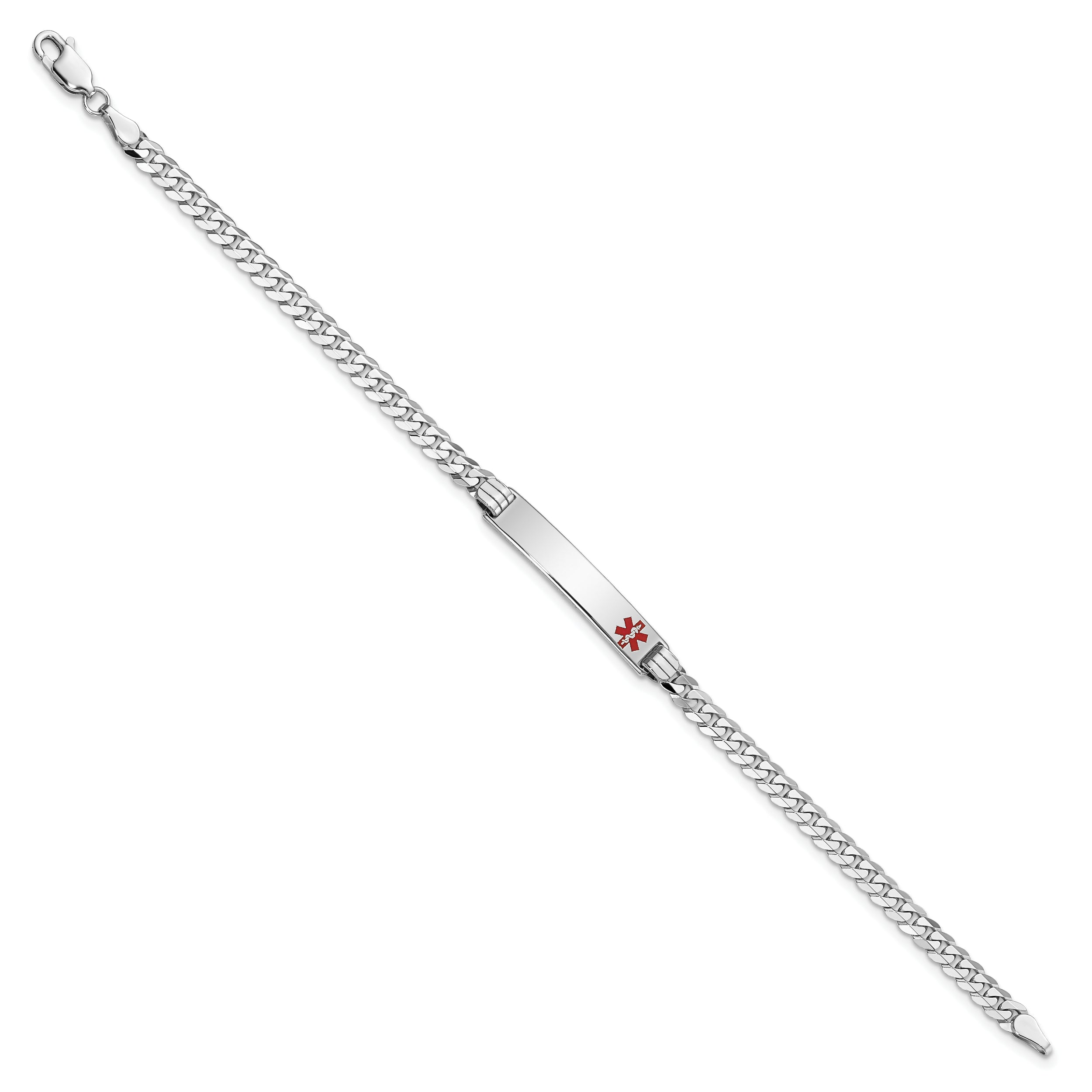 14K White Gold Medical Red Enamel Flat Curb Link ID Bracelet