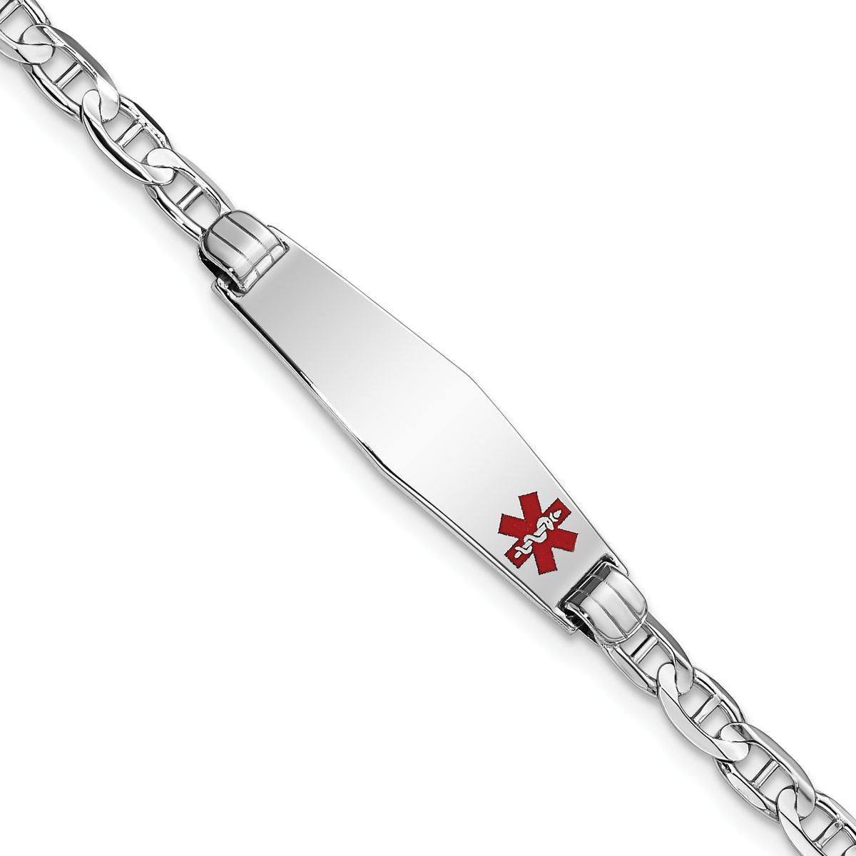 14K WG Medical Soft Diamond Shape Red Enamel Anchor Link ID Bracelet