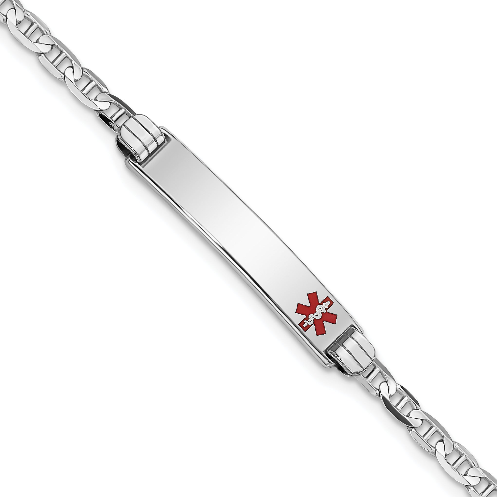 14K White Gold Medical Red Enamel Anchor Link ID Bracelet