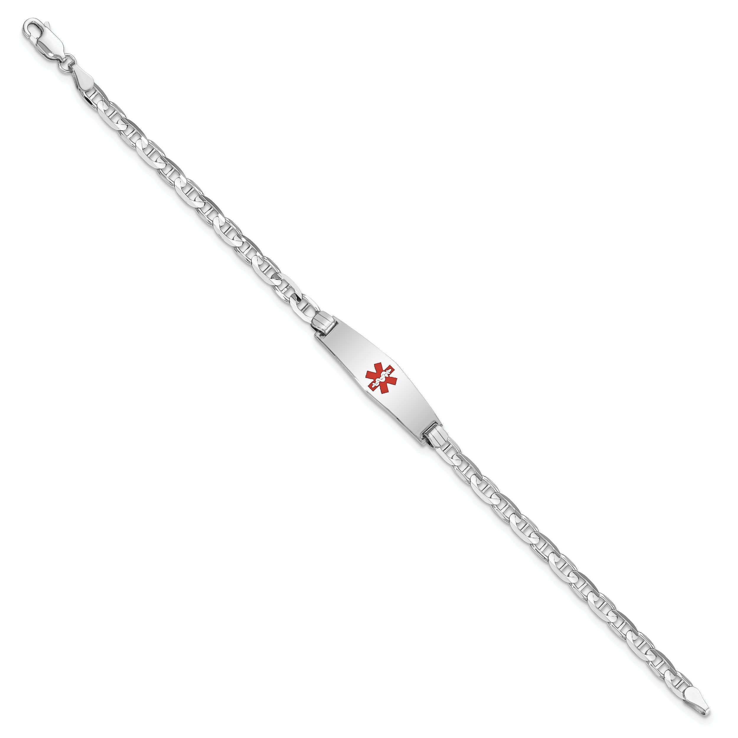 14K WG Medical Soft Diamond Shape Red Enamel Anchor Link ID Bracelet