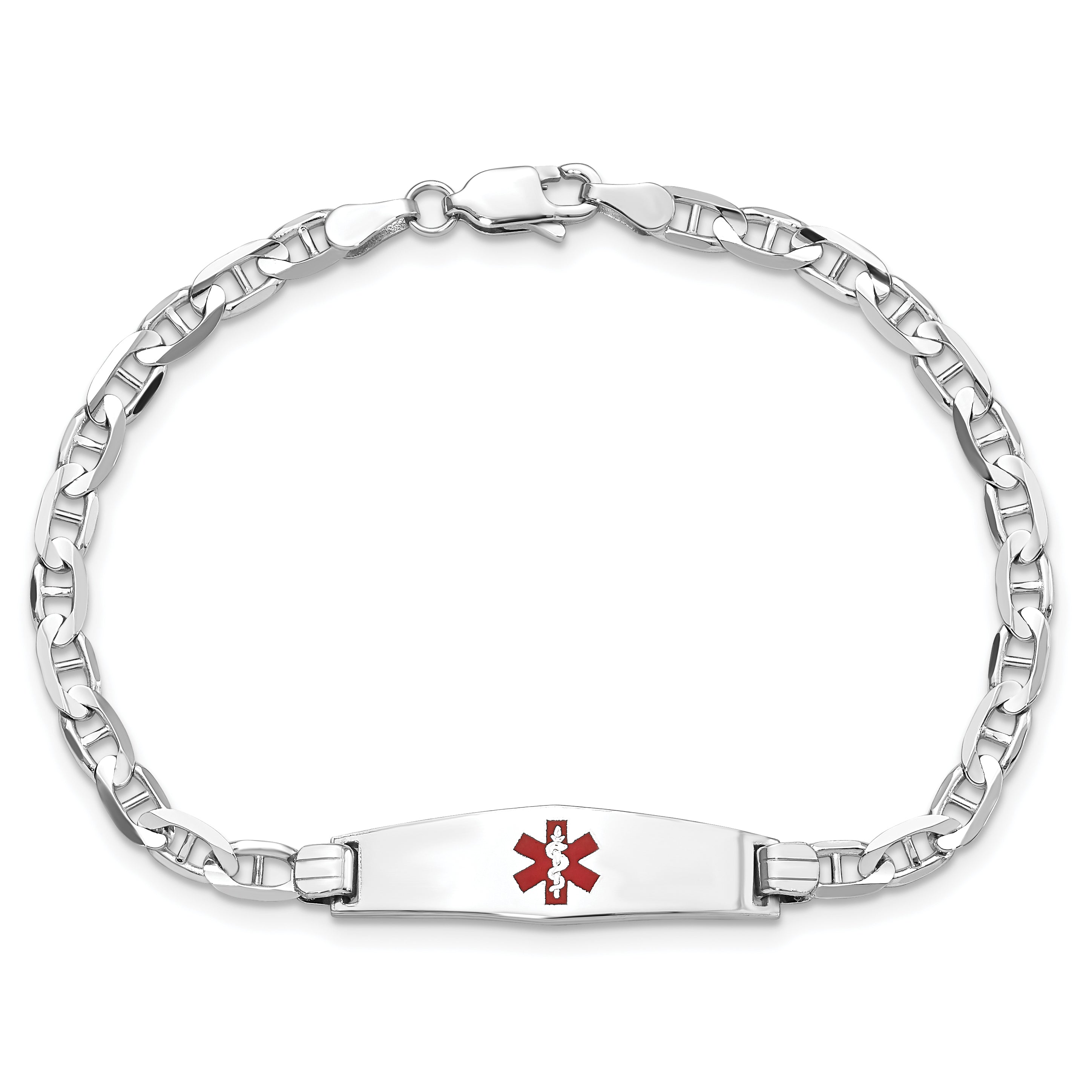 14K WG Medical Soft Diamond Shape Red Enamel Anchor Link ID Bracelet