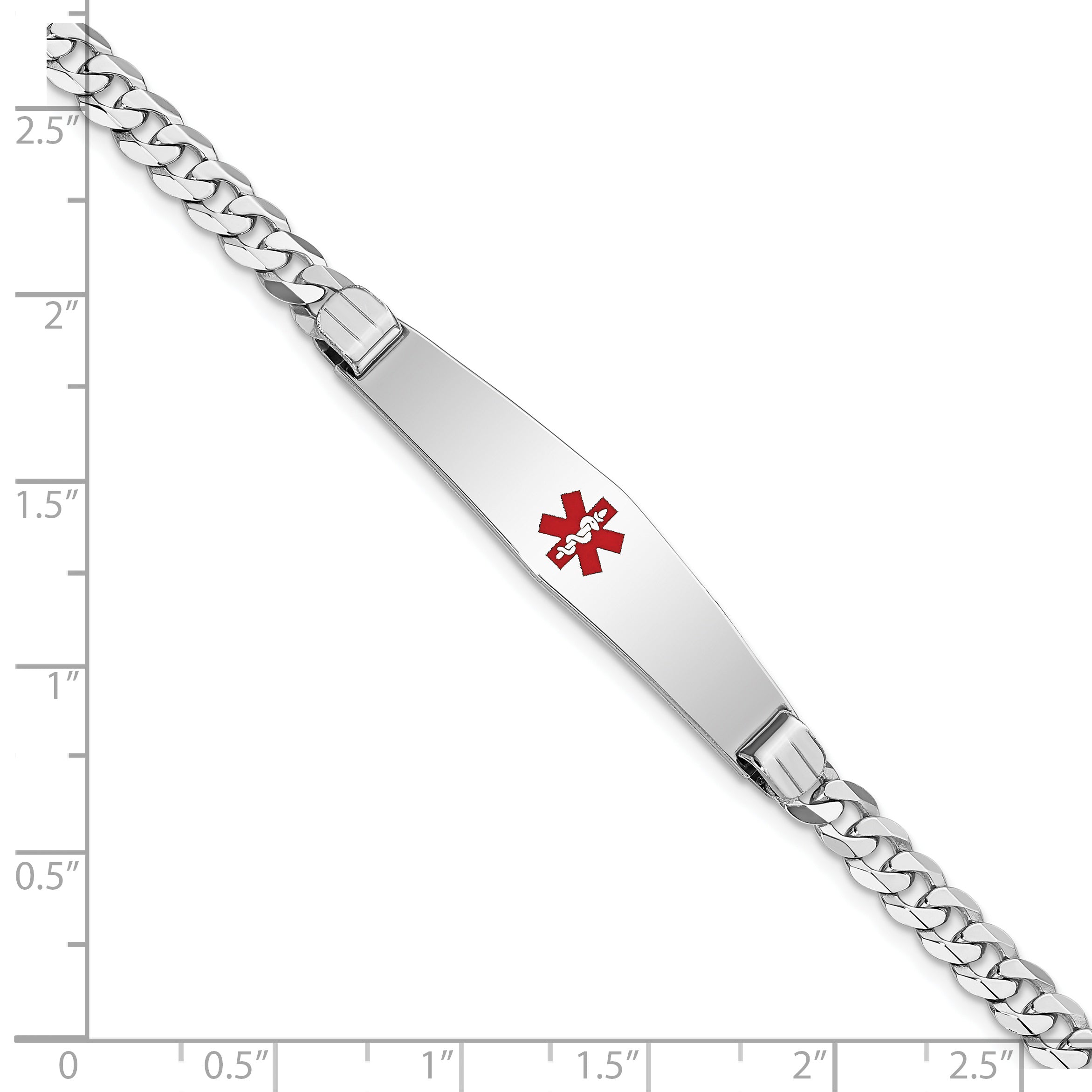 14K WG Medical Soft Diamond Shape Red Enamel Flat Curb Link ID Bracelet