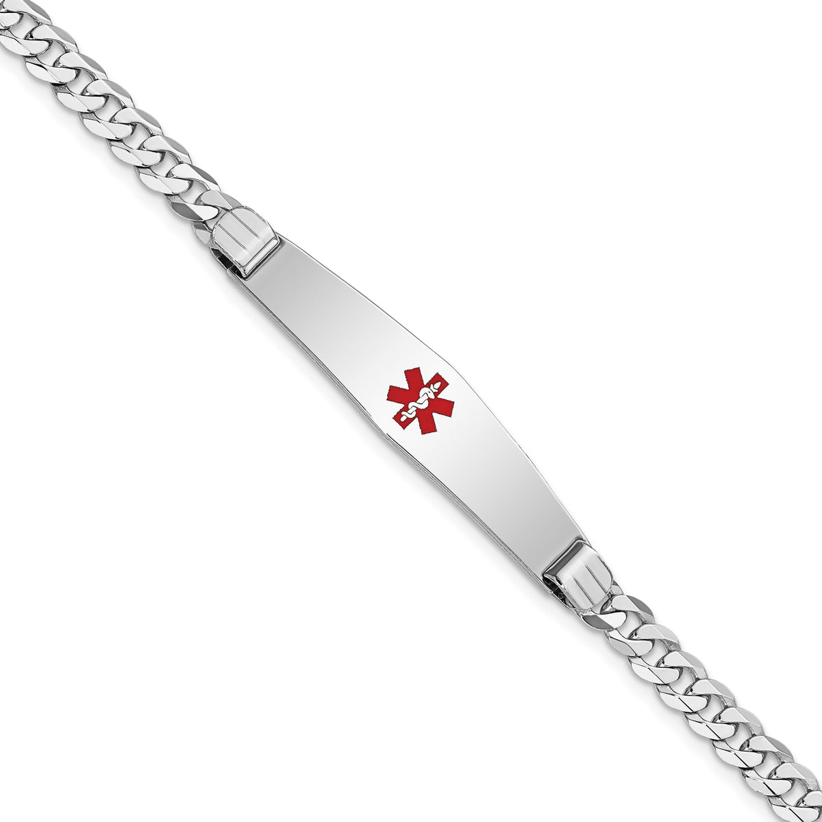 14K WG Medical Soft Diamond Shape Red Enamel Flat Curb Link ID Bracelet