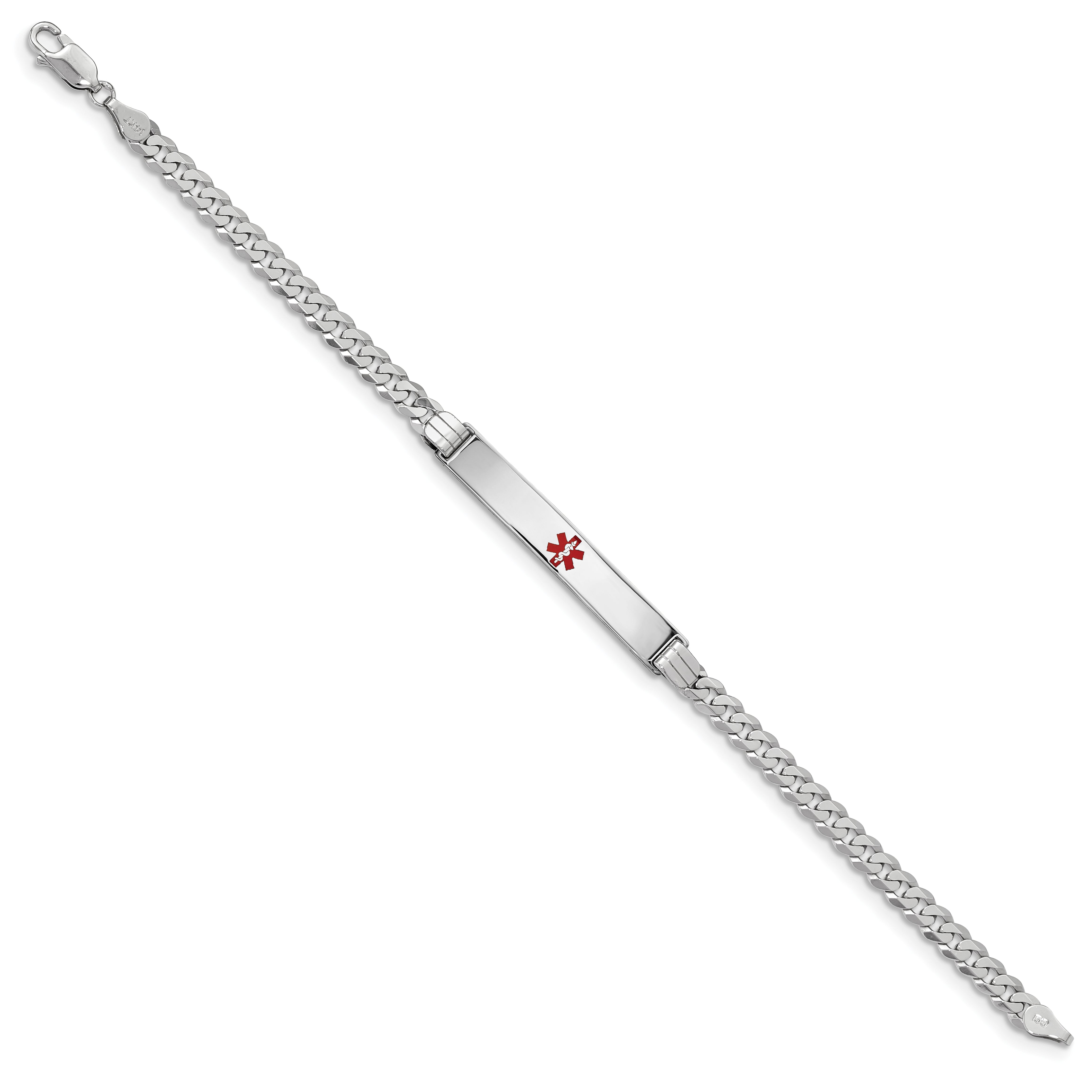 14K White Gold Medical Red Enamel Flat Curb Link ID Bracelet