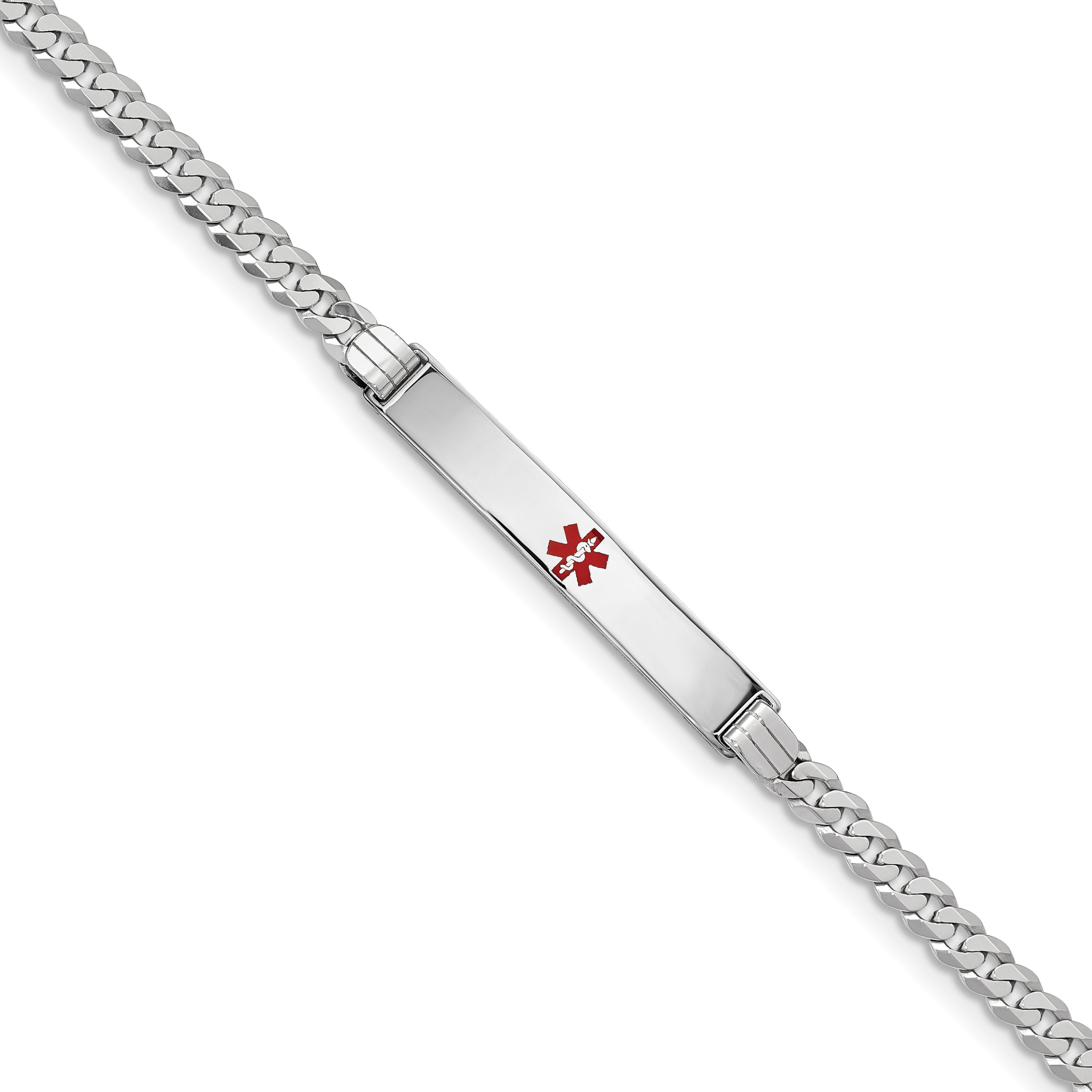 14K White Gold Medical Red Enamel Flat Curb Link ID Bracelet