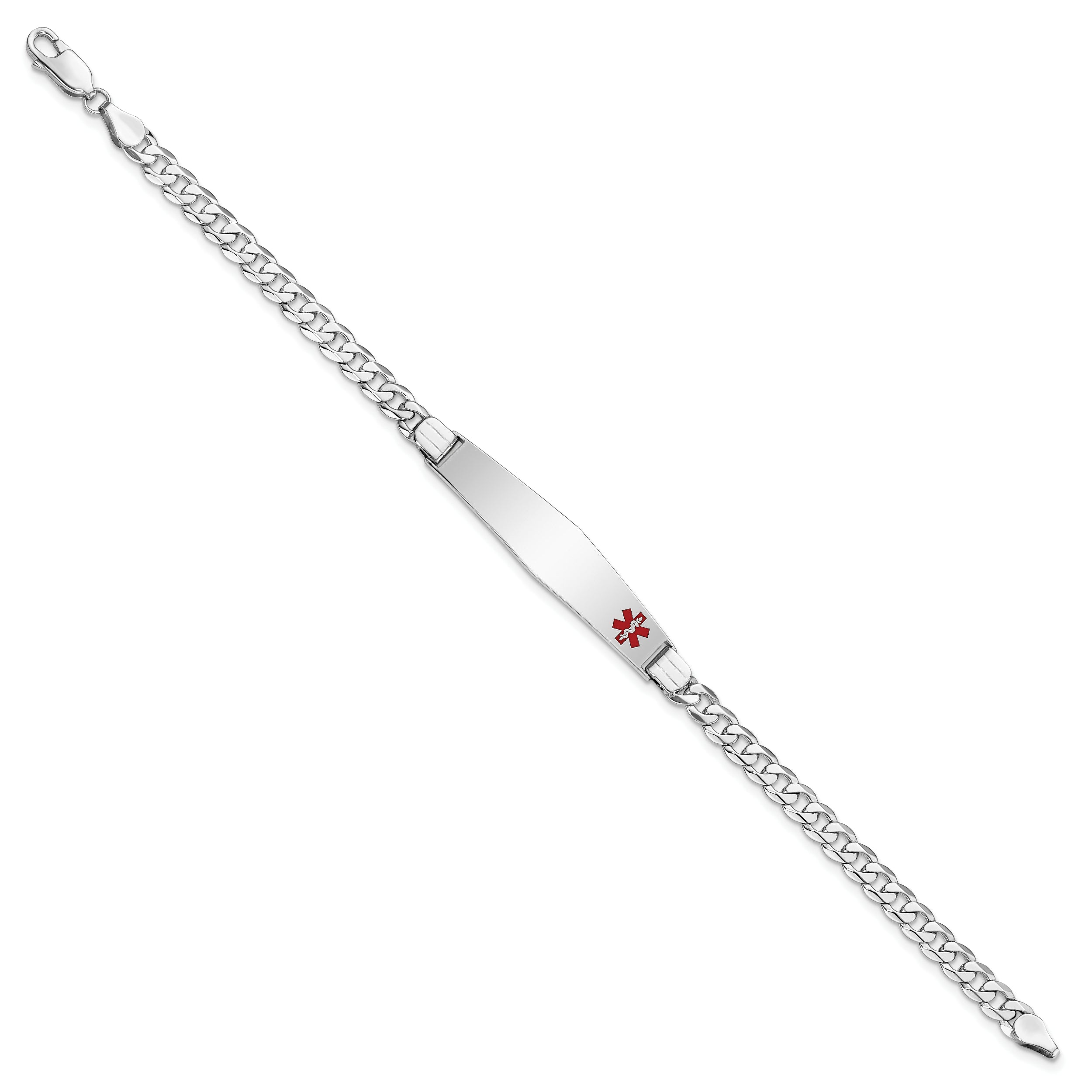 14K WG Medical Soft Diamond Shape Red Enamel Flat Curb Link ID Bracelet