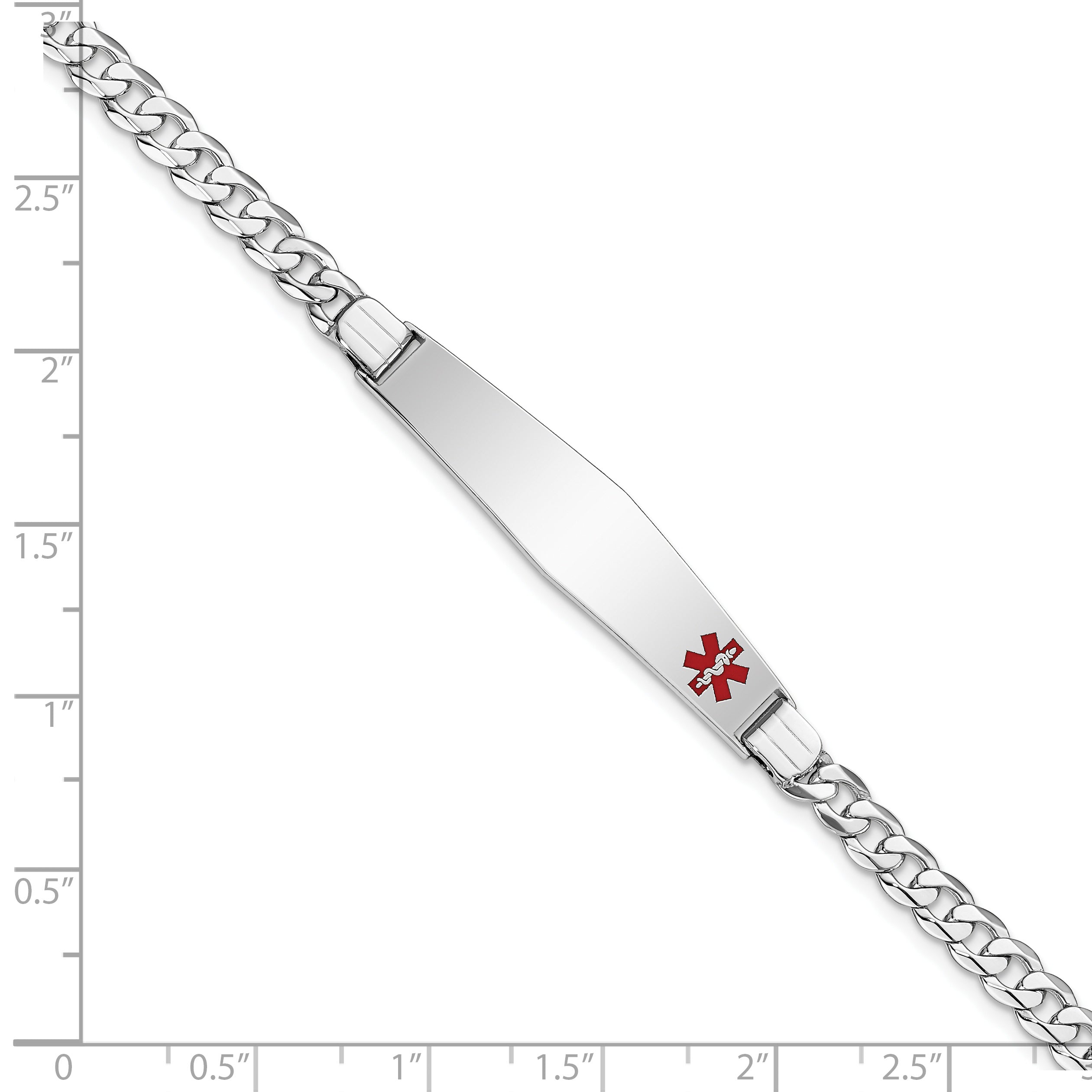 14K WG Medical Soft Diamond Shape Red Enamel Flat Curb Link ID Bracelet