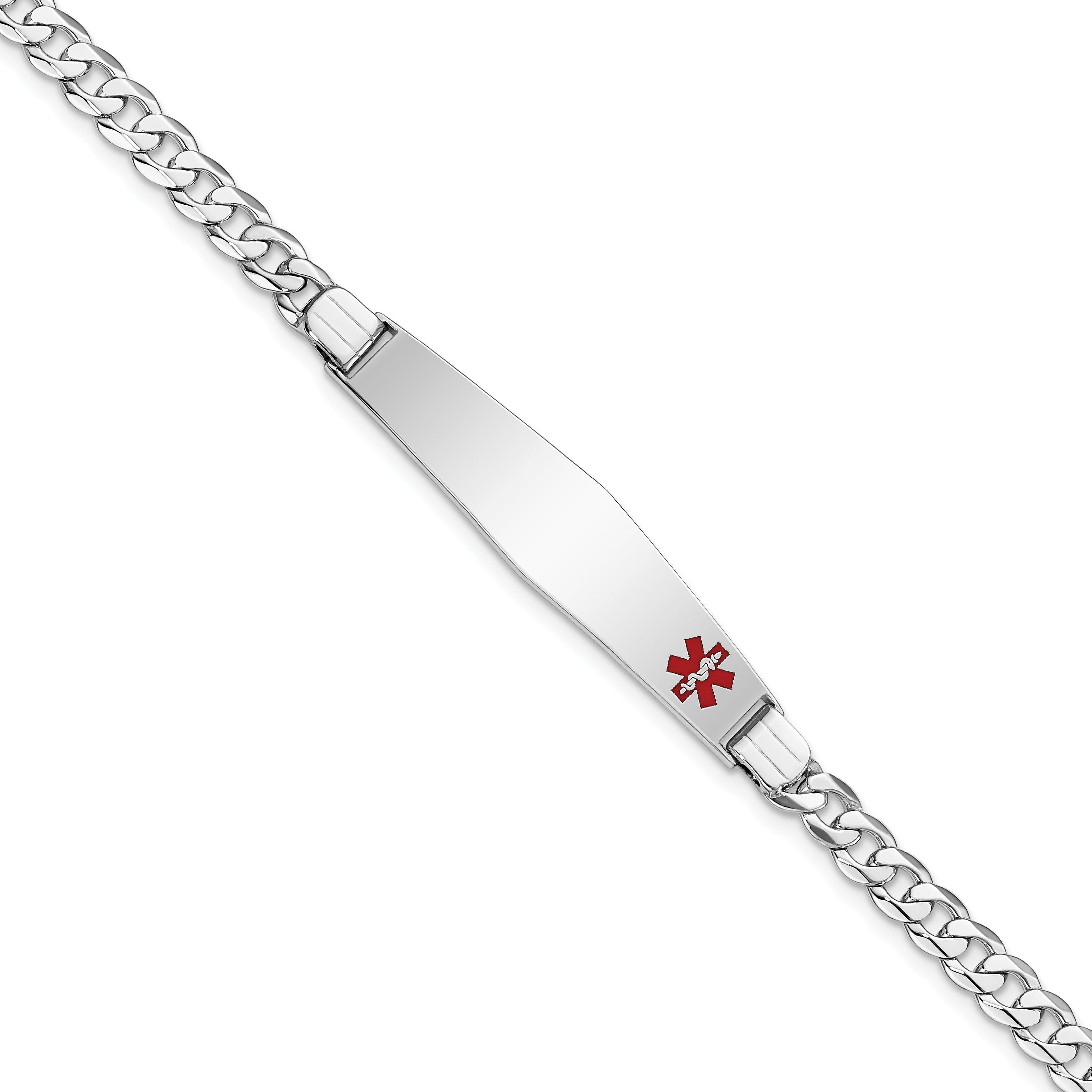 14K WG Medical Soft Diamond Shape Red Enamel Flat Curb Link ID Bracelet