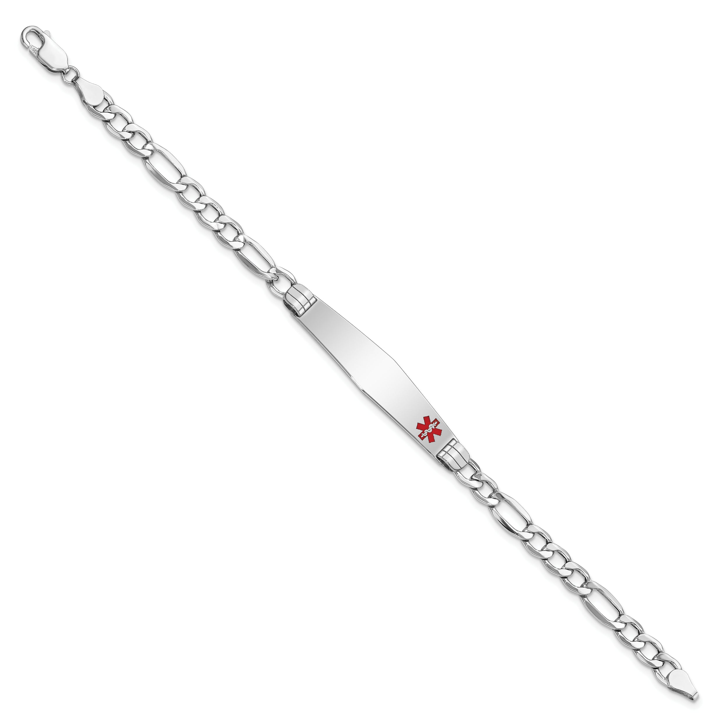 14K WG Semi-Solid Medical Soft Diamond Shape Red Enamel Figaro ID Bracelet