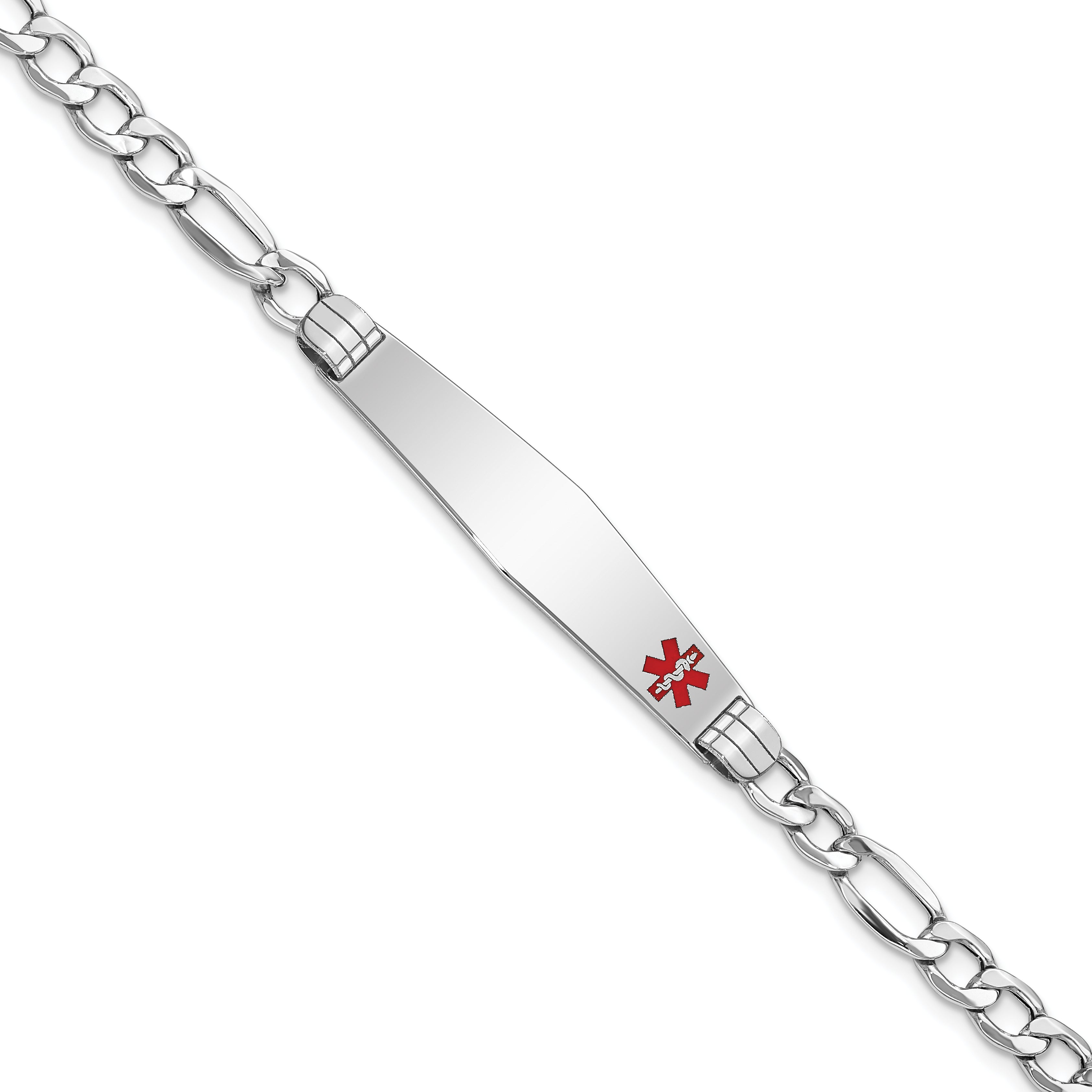 14K WG Semi-Solid Medical Soft Diamond Shape Red Enamel Figaro ID Bracelet