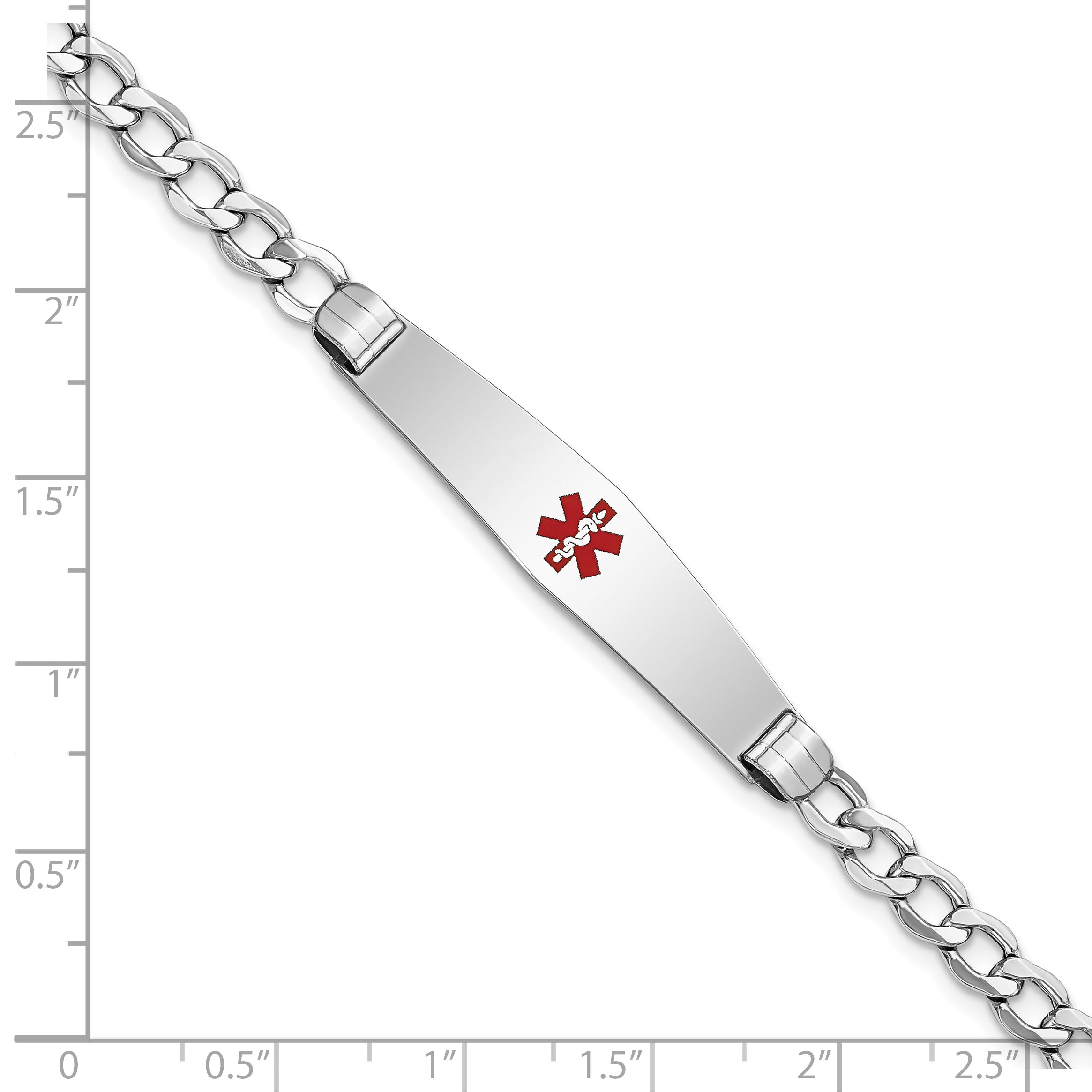 14K WG Semi-Solid Medical Soft Diamond Shape Red Enamel Curb ID Bracelet