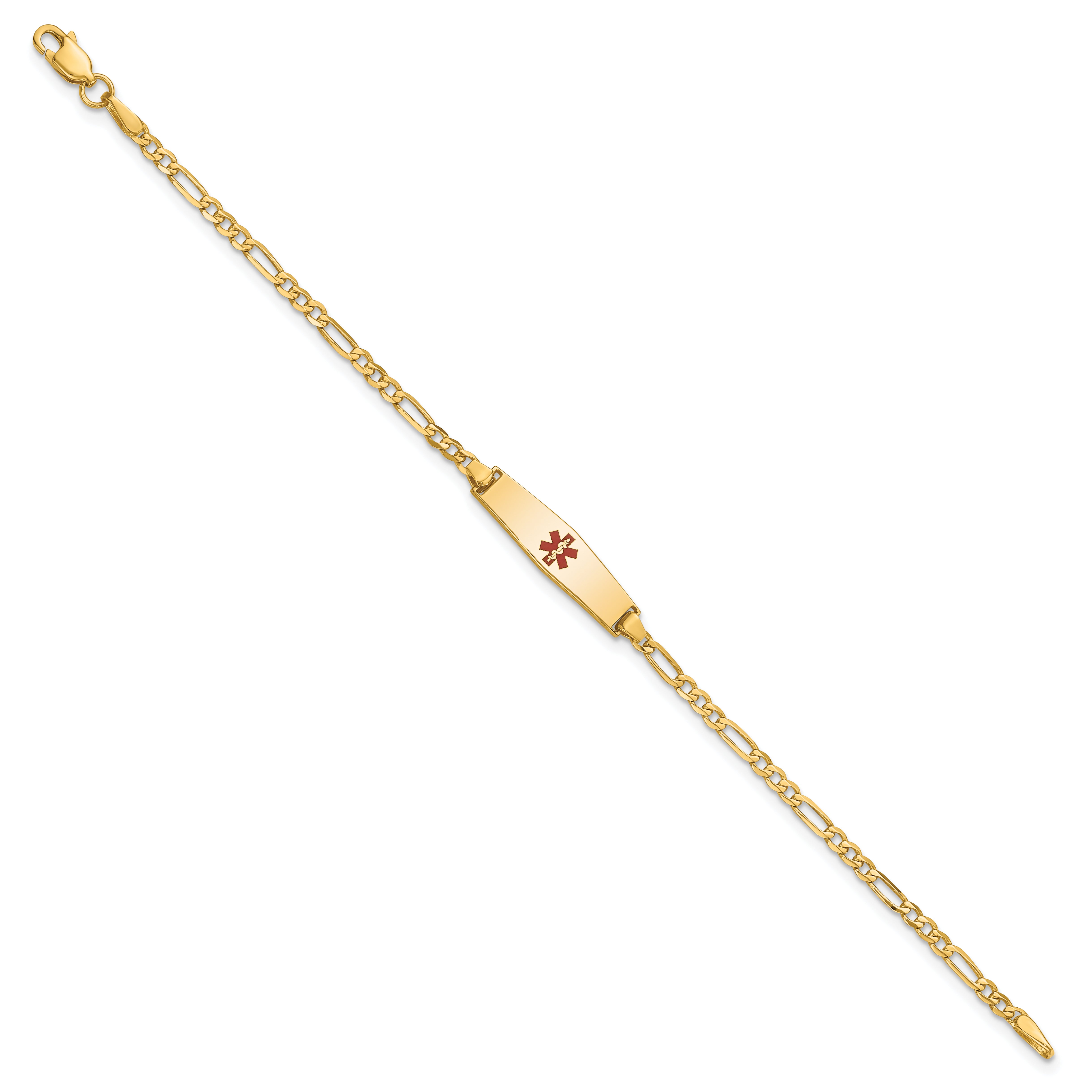 14k Medical Soft Diamond Shape Red Enamel Figaro ID Bracelet