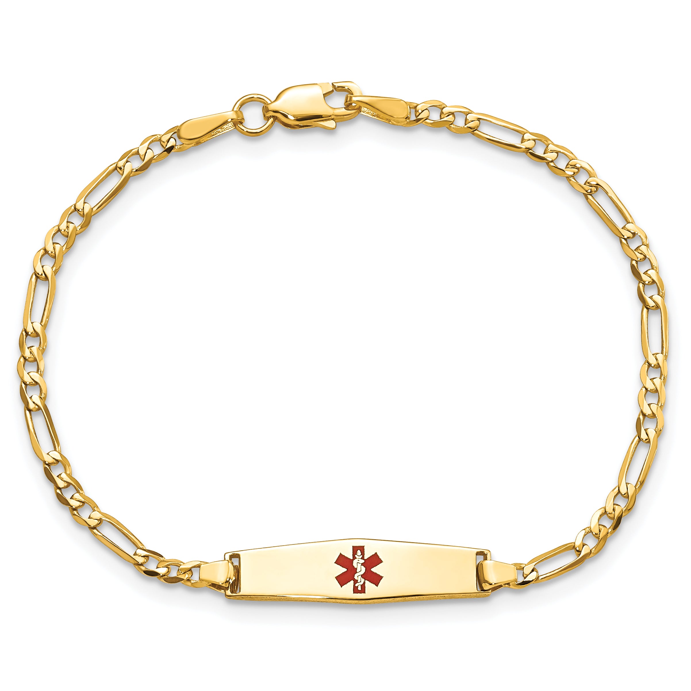 14k Medical Soft Diamond Shape Red Enamel Figaro ID Bracelet