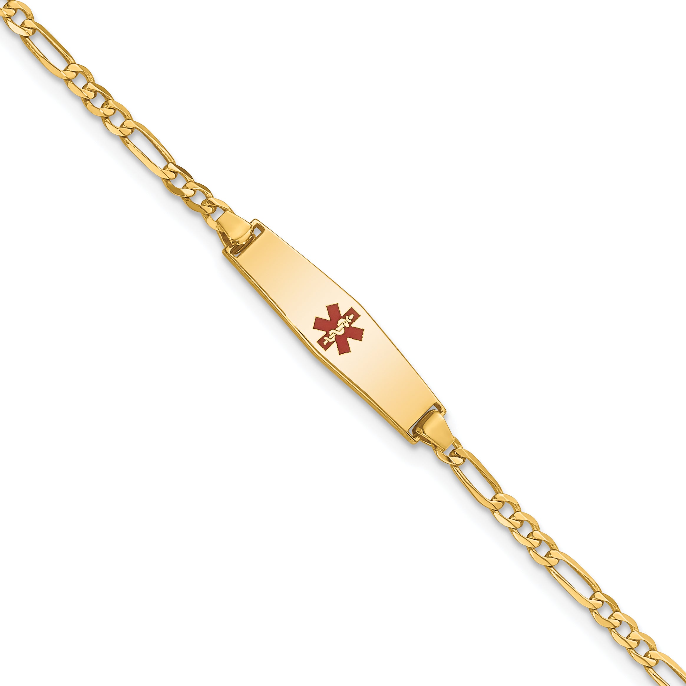 14k Medical Soft Diamond Shape Red Enamel Figaro Link ID Bracelet