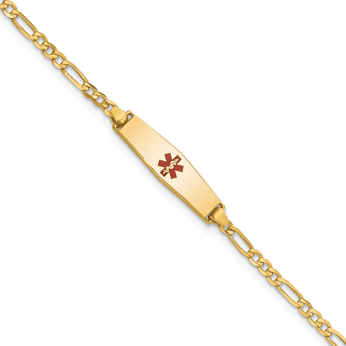 14k Medical Soft Diamond Shape Red Enamel Figaro Link ID Bracelet