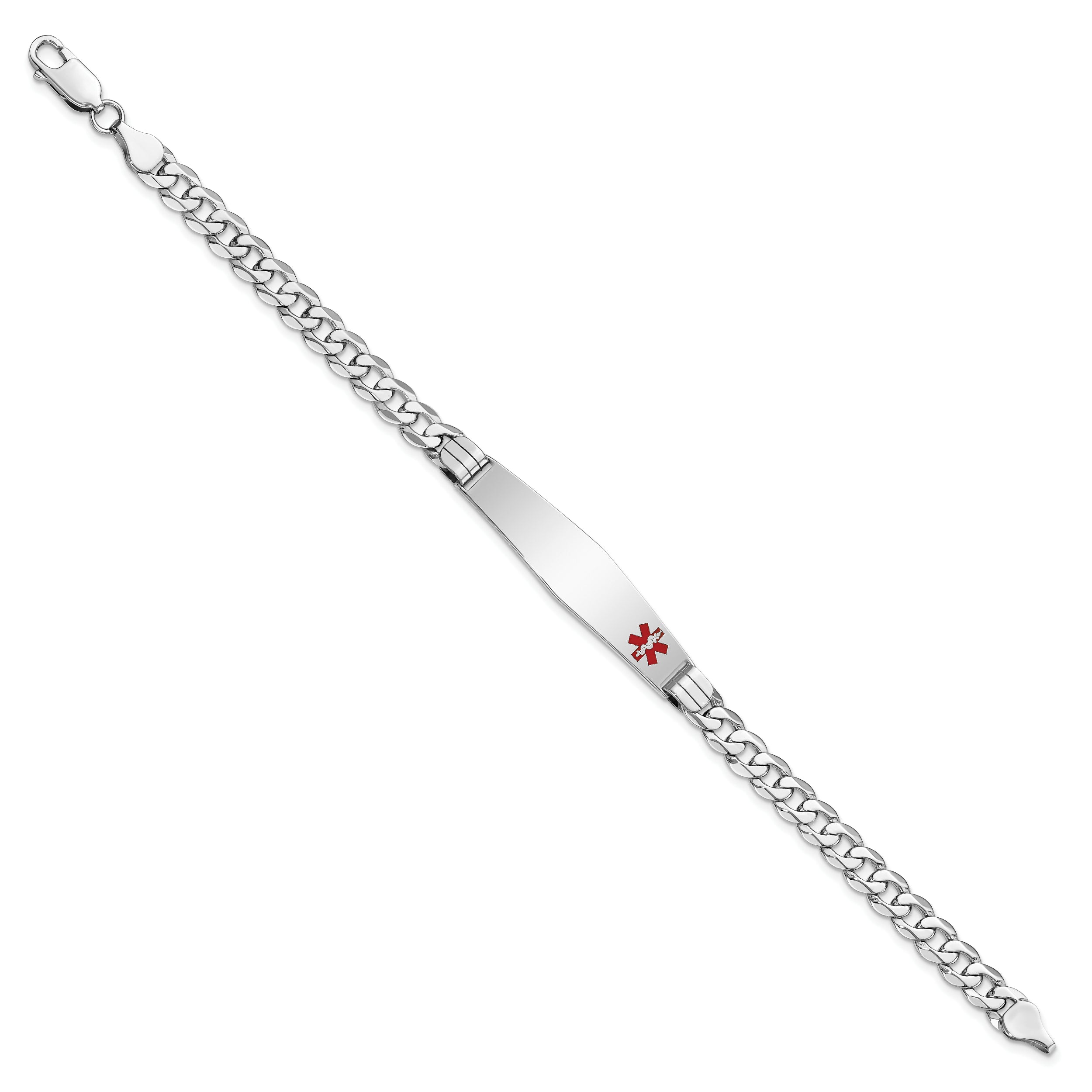 14K WG Medical Soft Diamond Shape Red Enamel Flat Curb Link ID Bracelet