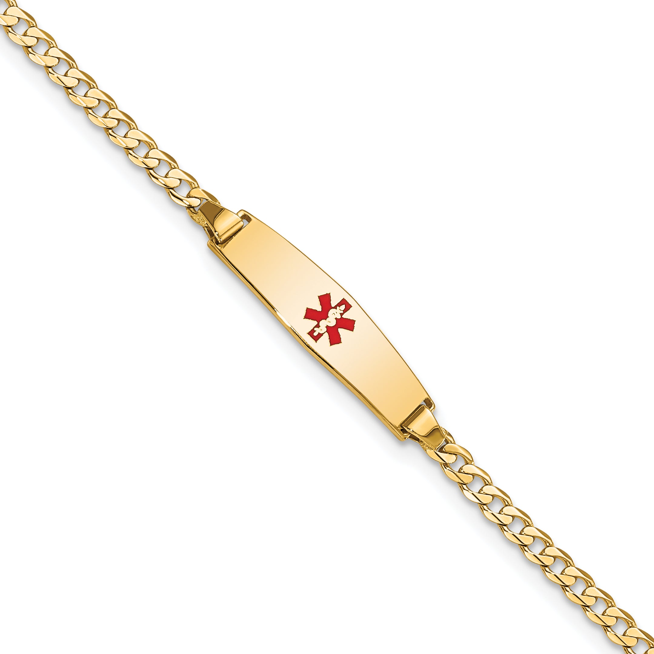 14k Medical Soft Diamond Shape Red Enamel Curb Link ID Bracelet