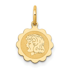 14k Girl Head on .009 Gauge Engravable Scalloped Disc Charm