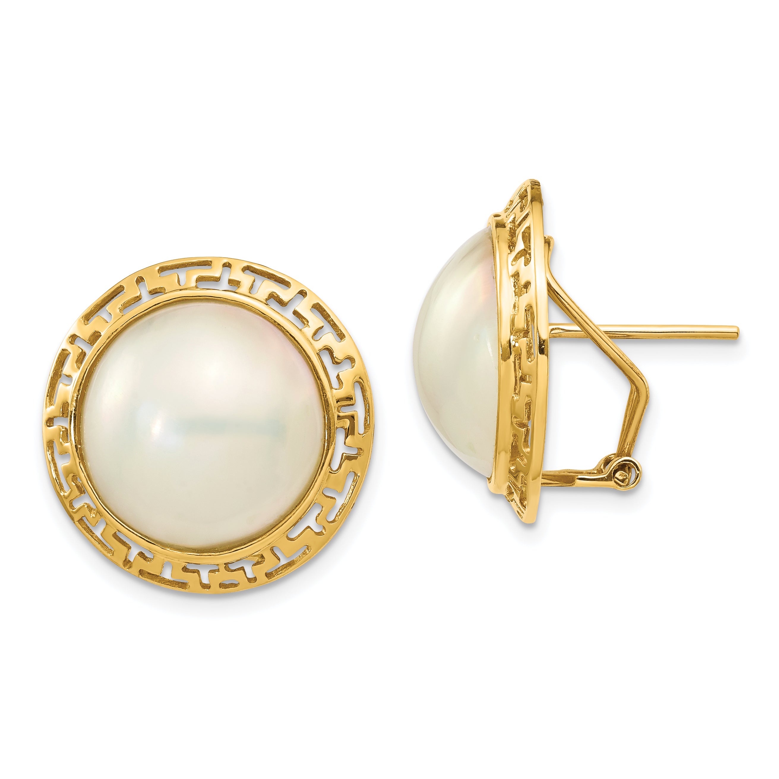 14k 14-15mm White Freshwater Cultured Mabe Pearl Omega Back Earrings