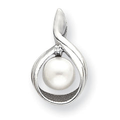 14K White Gold 7mm White Round Freshwater Cultured Pearl AA Diamond Pendant