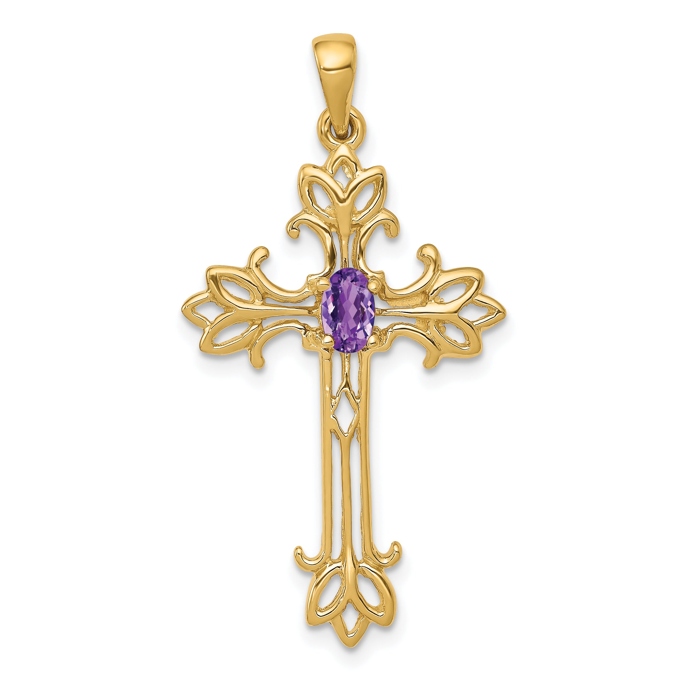 14k Polished Amethyst Cross Pendant