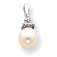 14K White Gold 7mm White Round Freshwater Cultured Pearl AA Diamond Pendant